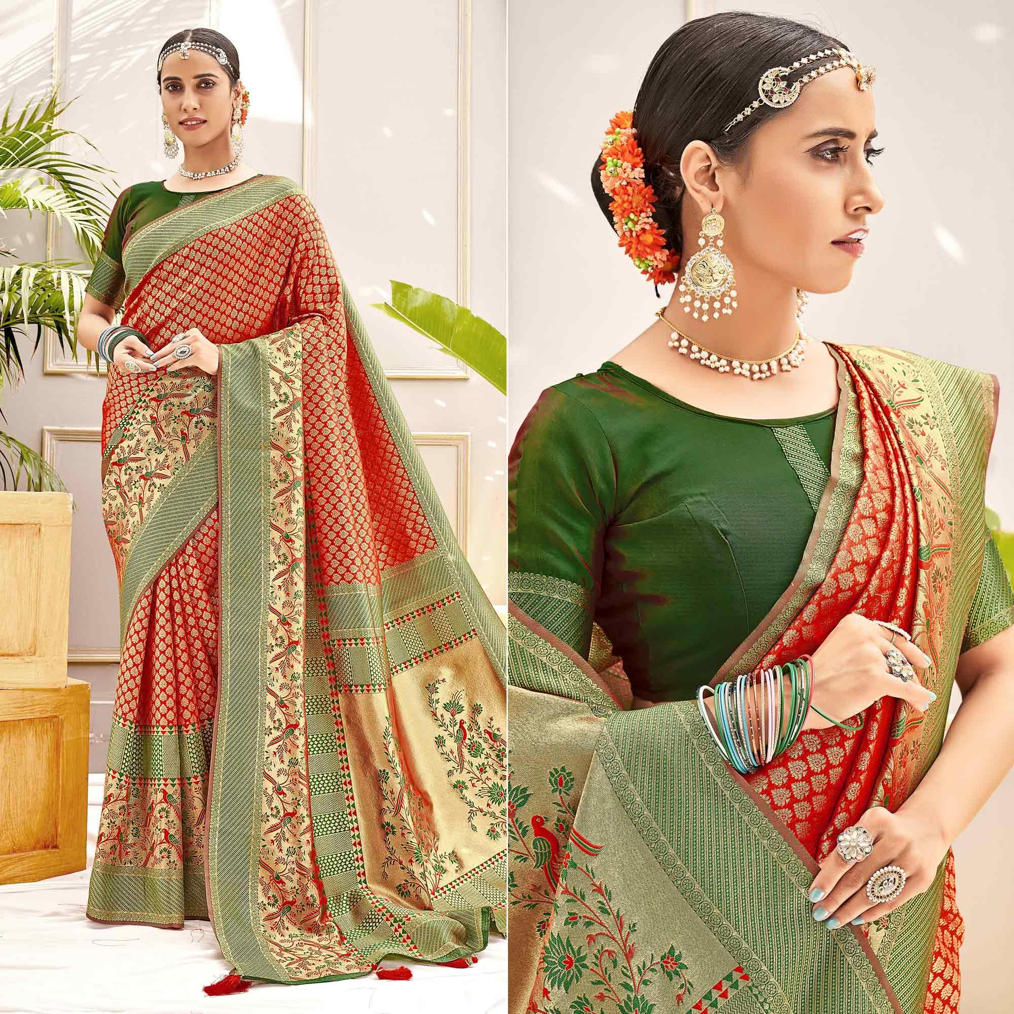 Red Woven Art Silk Saree - Peachmode