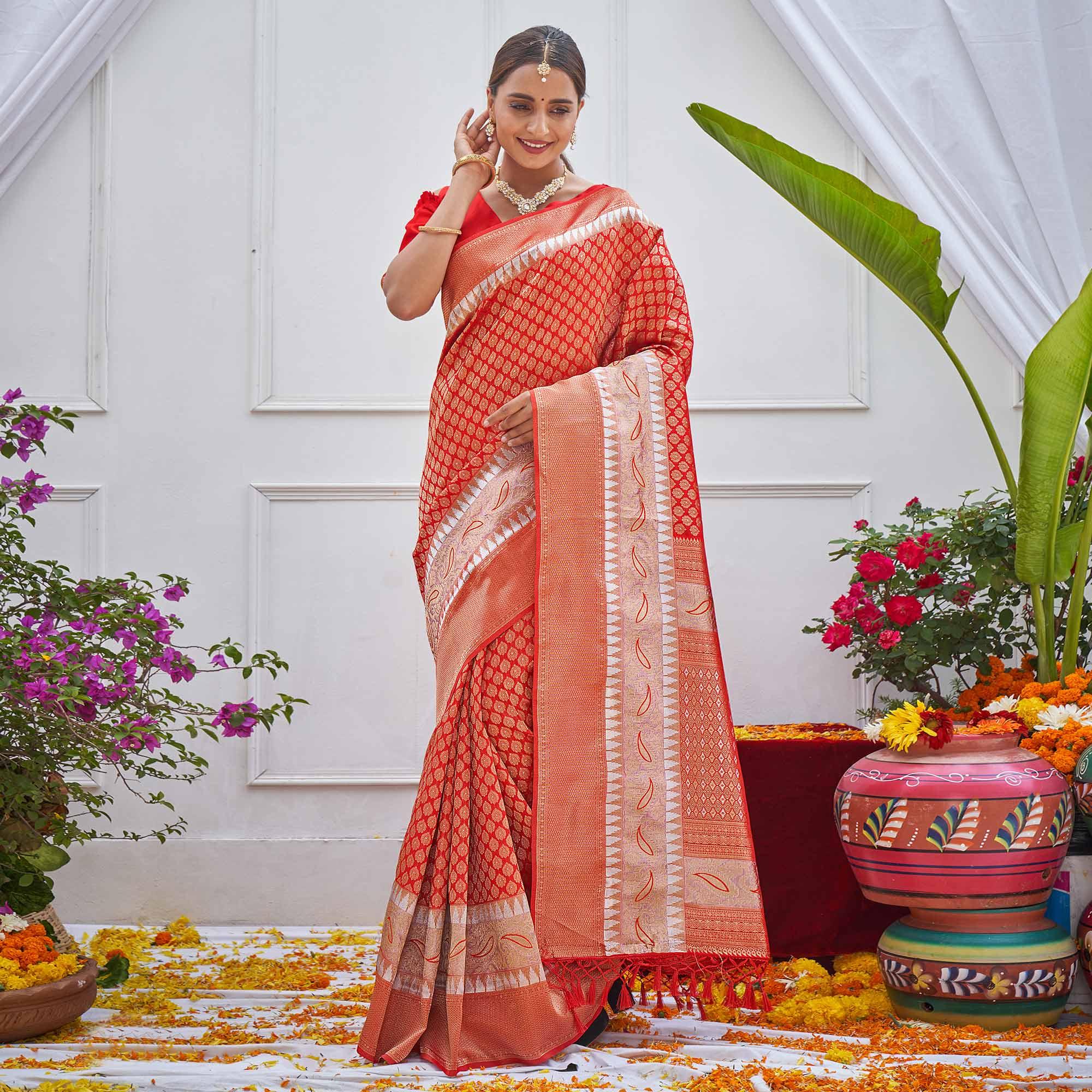 Red Woven Art Silk Saree - Peachmode