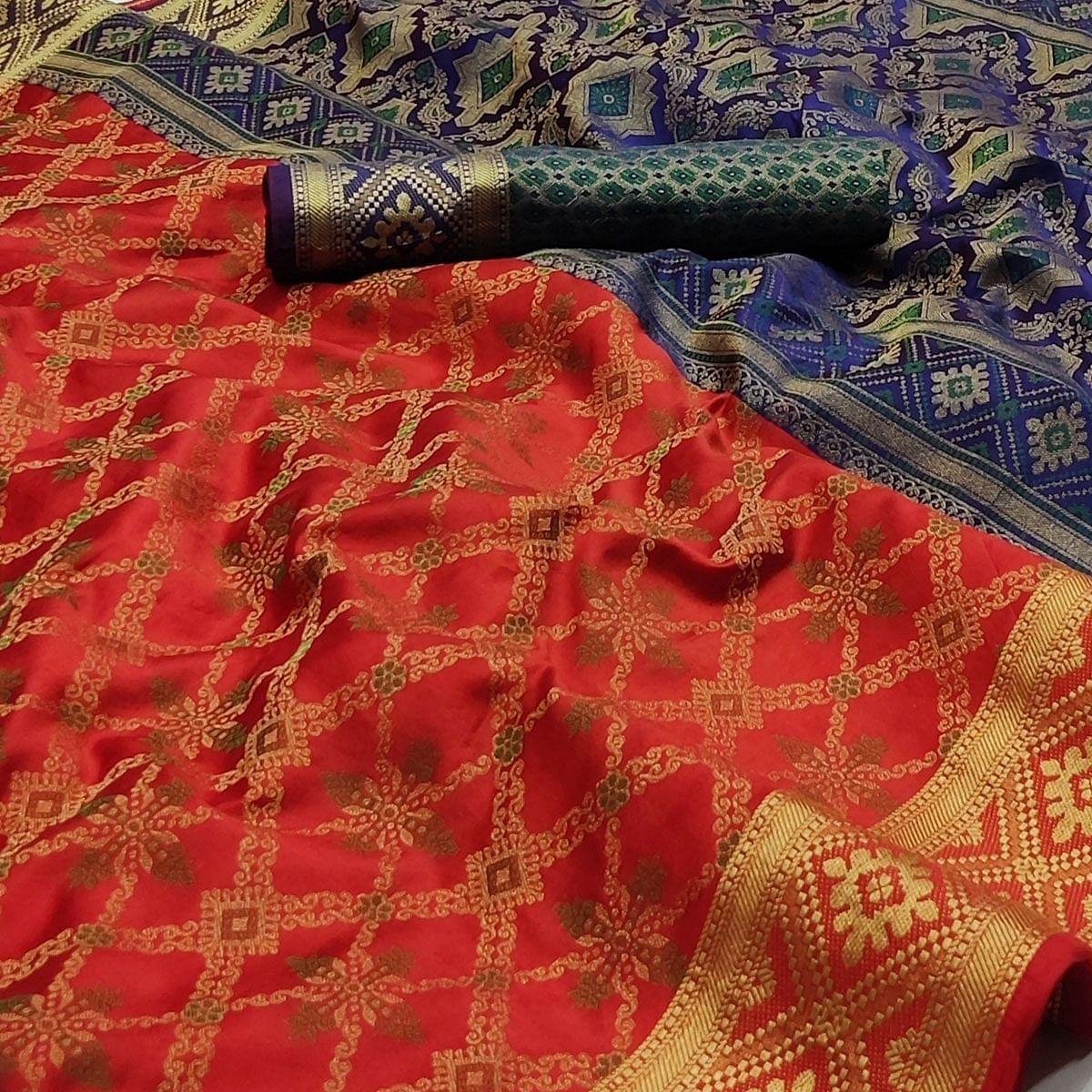 Red Woven Art Silk Saree - Peachmode