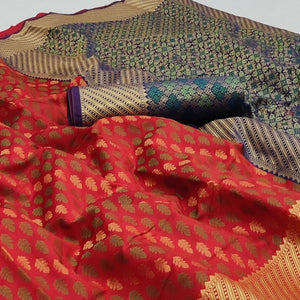 Red Woven Art Silk Saree - Peachmode