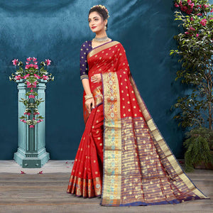 Red Woven Art Silk Saree - Peachmode