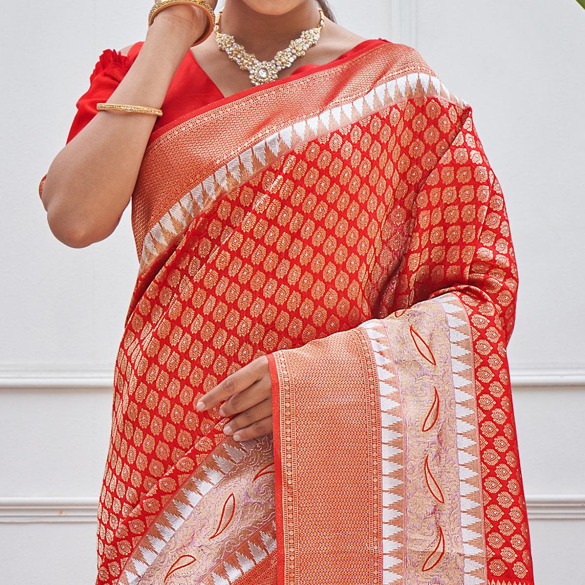 Red Woven Art Silk Saree - Peachmode