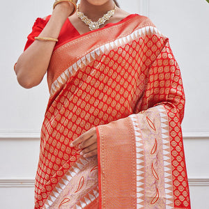Red Woven Art Silk Saree - Peachmode