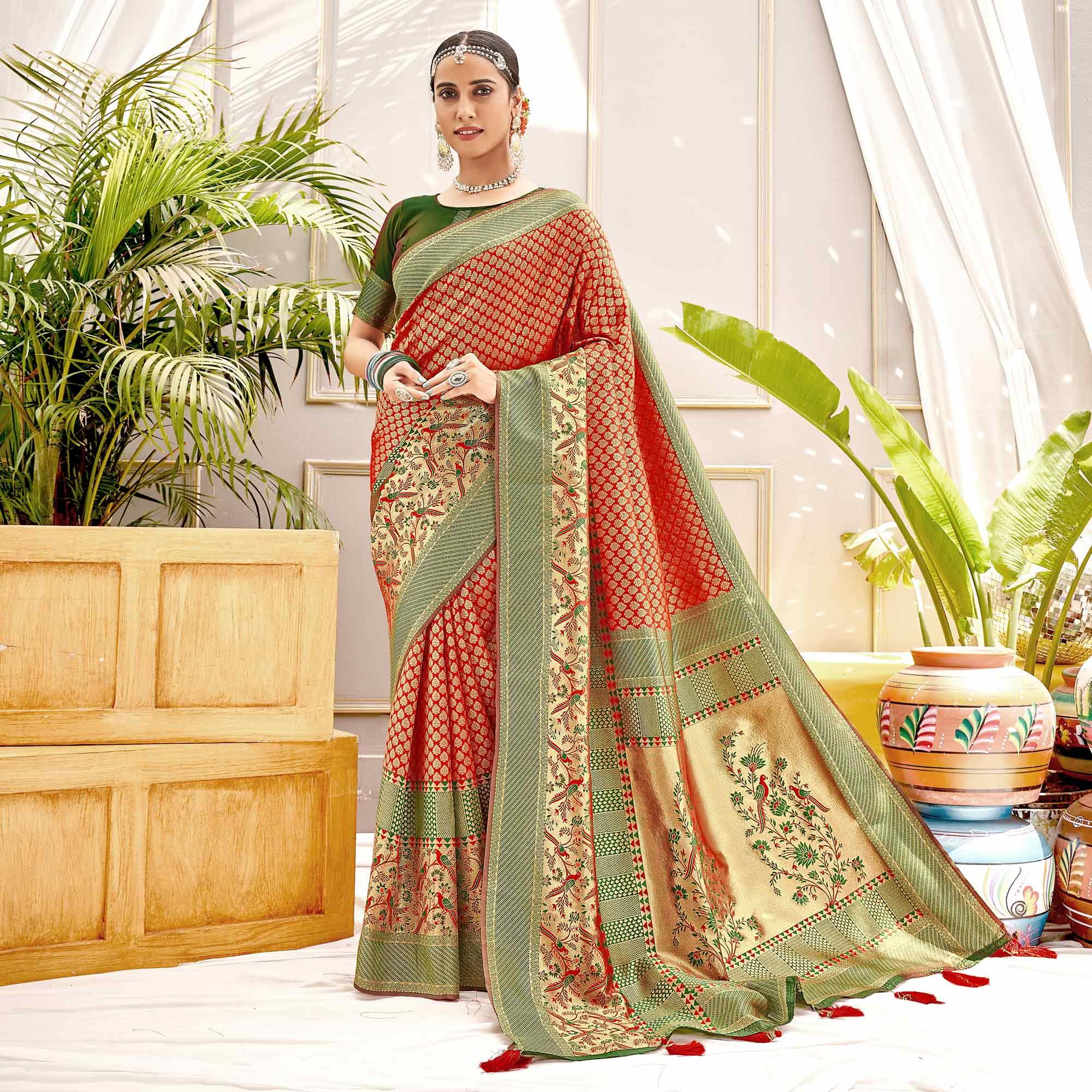 Red Woven Art Silk Saree - Peachmode
