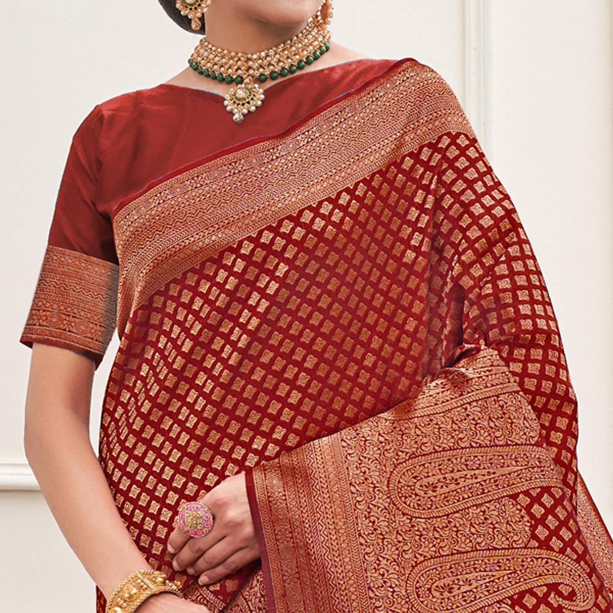 Red Woven Art Silk Saree - Peachmode
