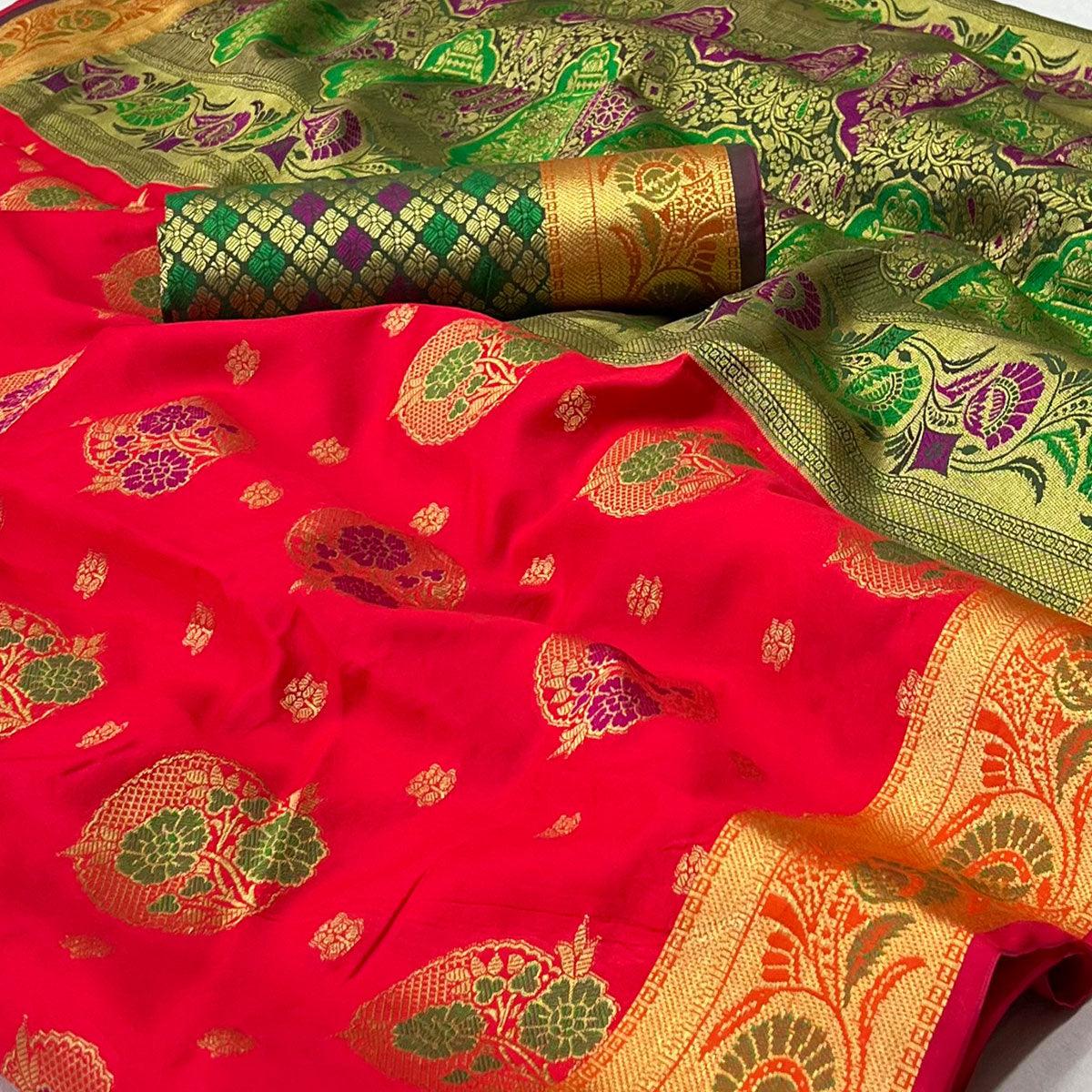 Red Woven Art Silk Saree - Peachmode