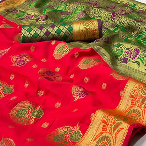 Red Woven Art Silk Saree - Peachmode