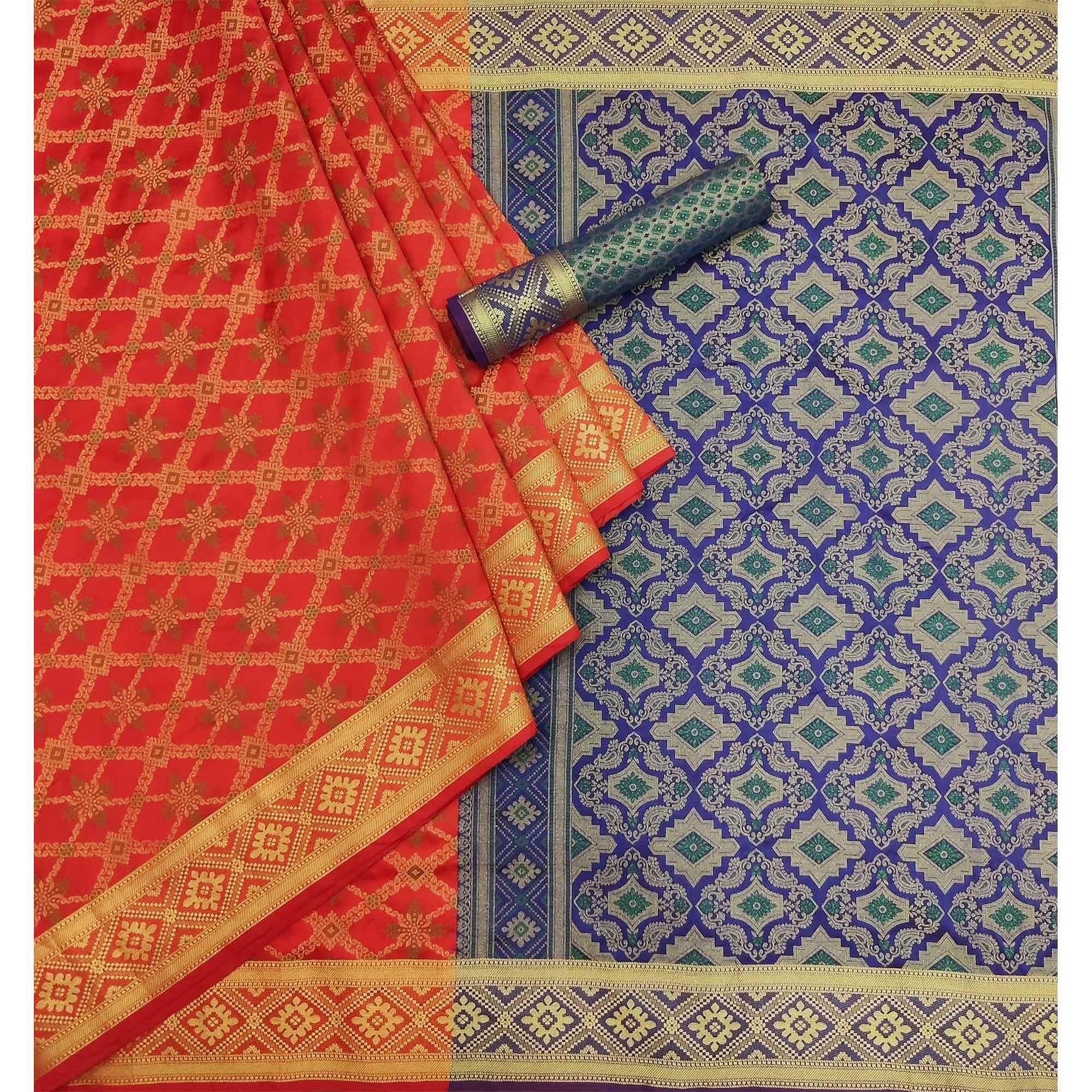 Red Woven Art Silk Saree - Peachmode