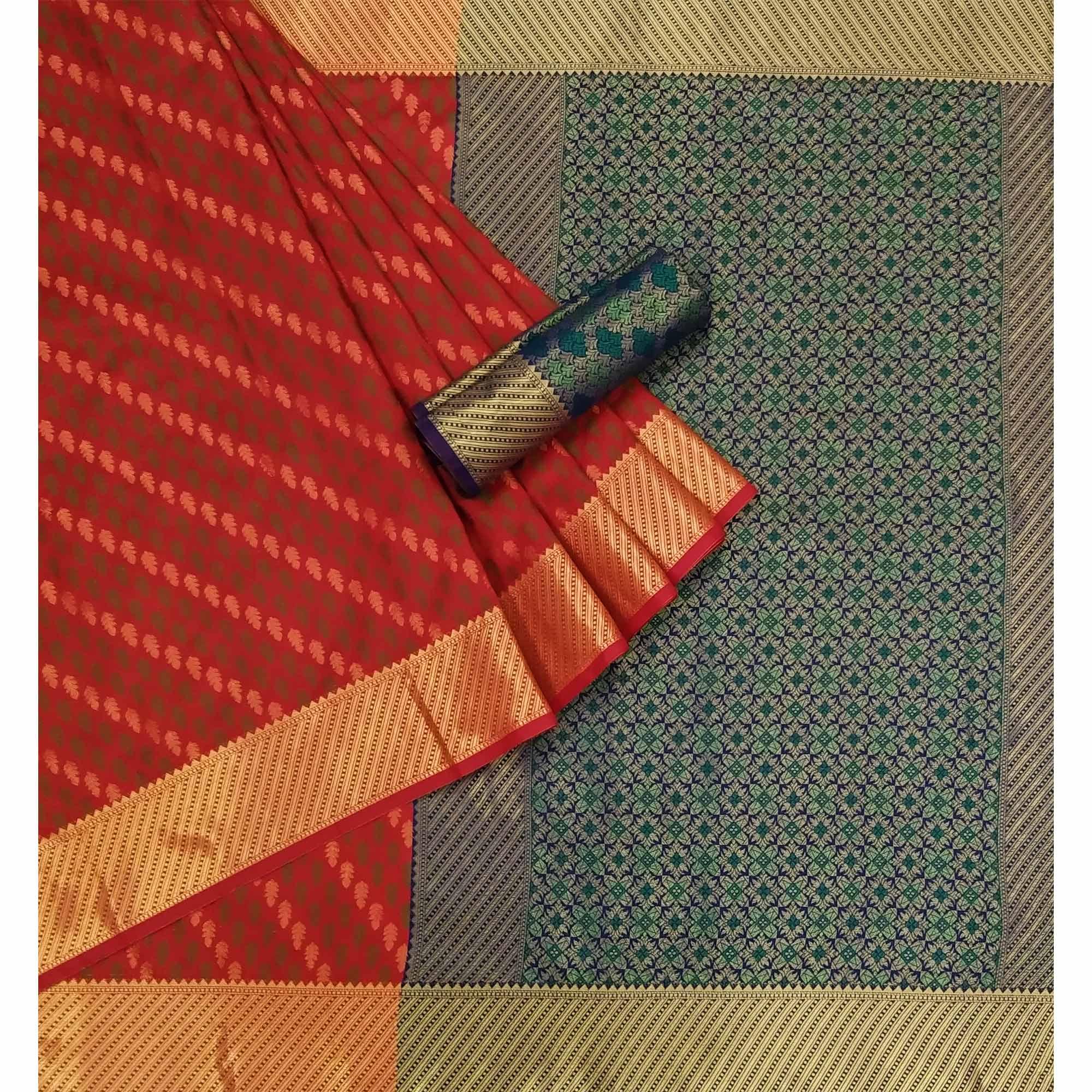 Red Woven Art Silk Saree - Peachmode