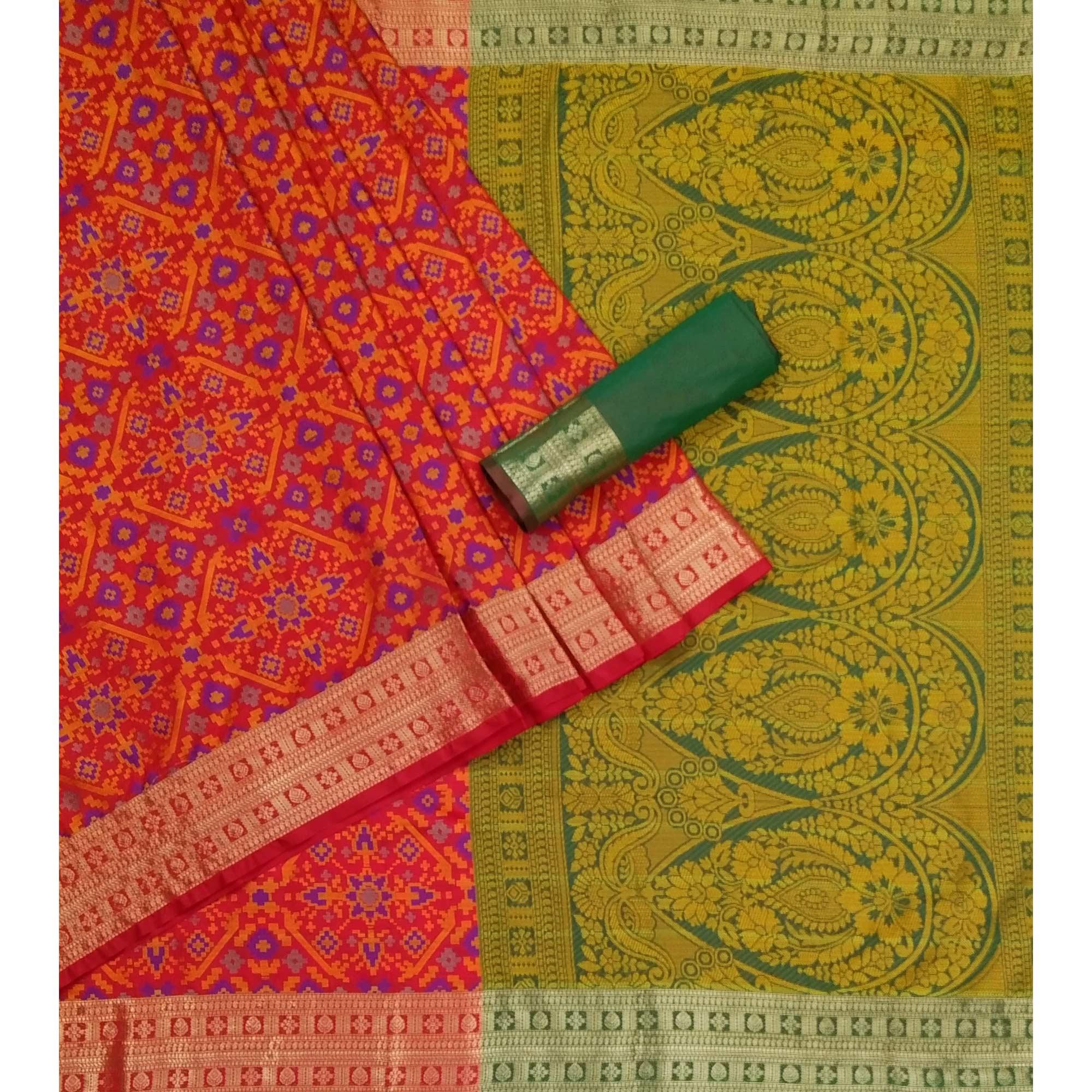 Red Woven Art Silk Saree - Peachmode