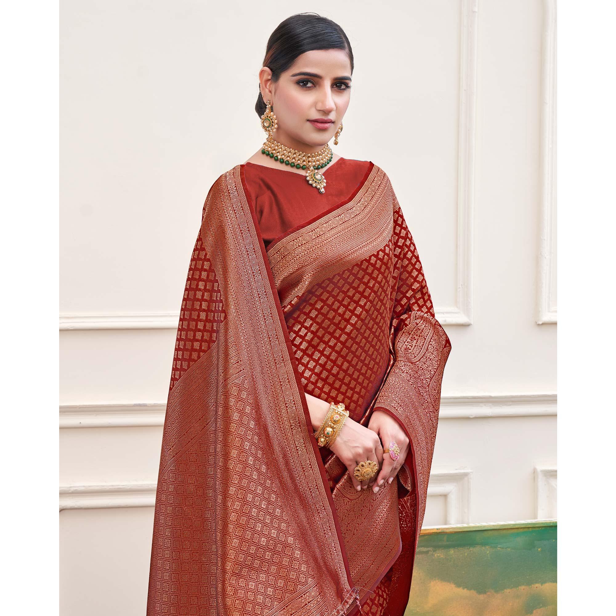 Red Woven Art Silk Saree - Peachmode