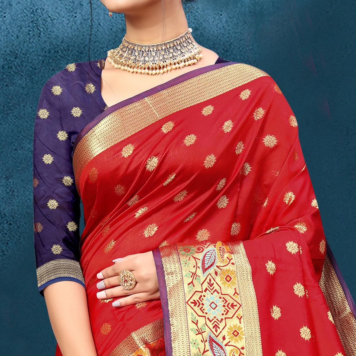 Red Woven Art Silk Saree - Peachmode