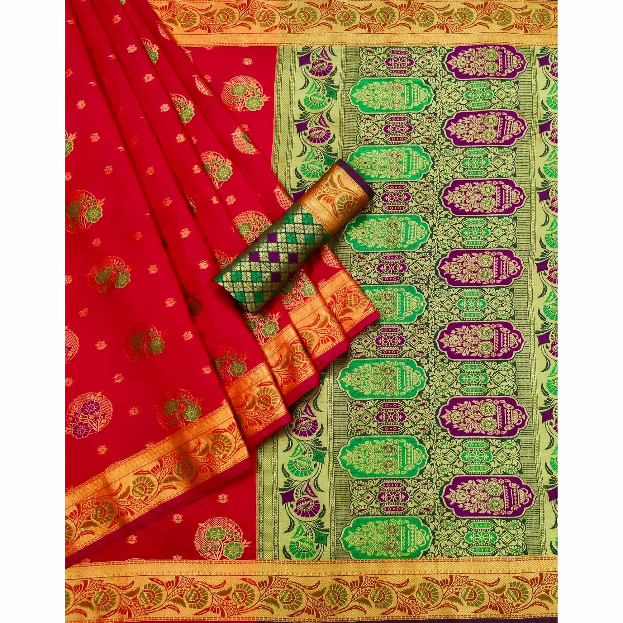 Red Woven Art Silk Saree - Peachmode