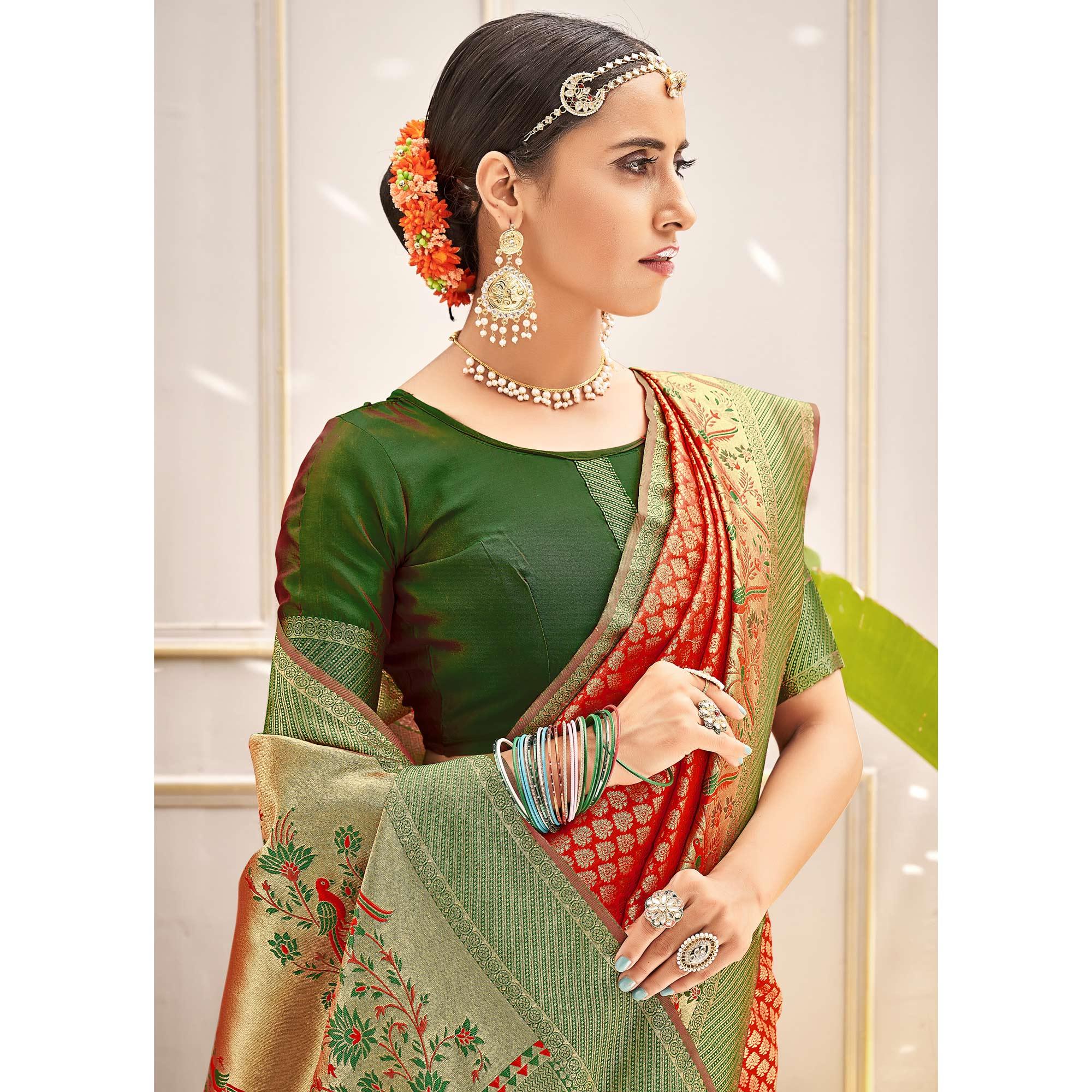 Red Woven Art Silk Saree - Peachmode