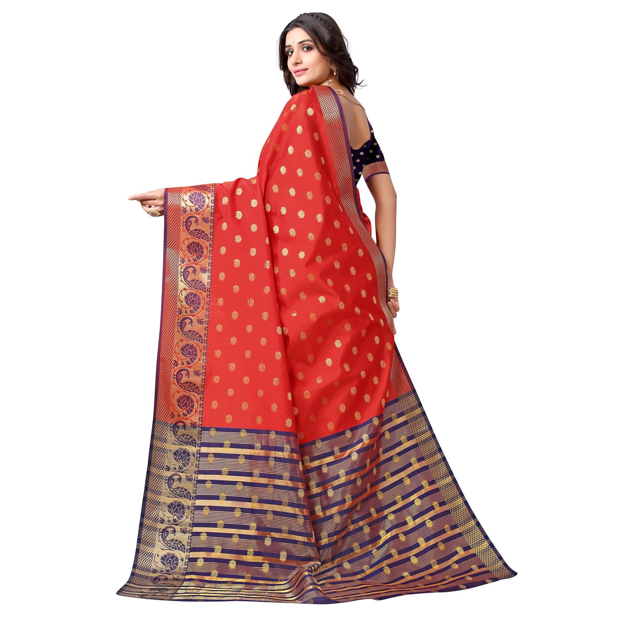 Red Woven Art Silk Saree - Peachmode