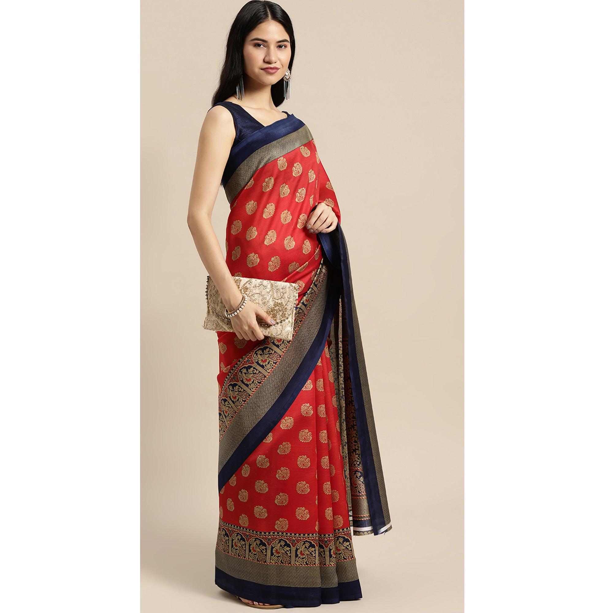 Red Woven Art Silk Saree - Peachmode