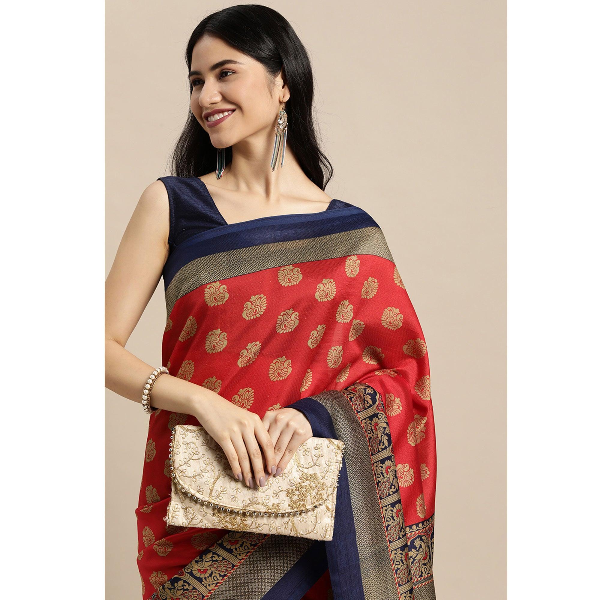 Red Woven Art Silk Saree - Peachmode
