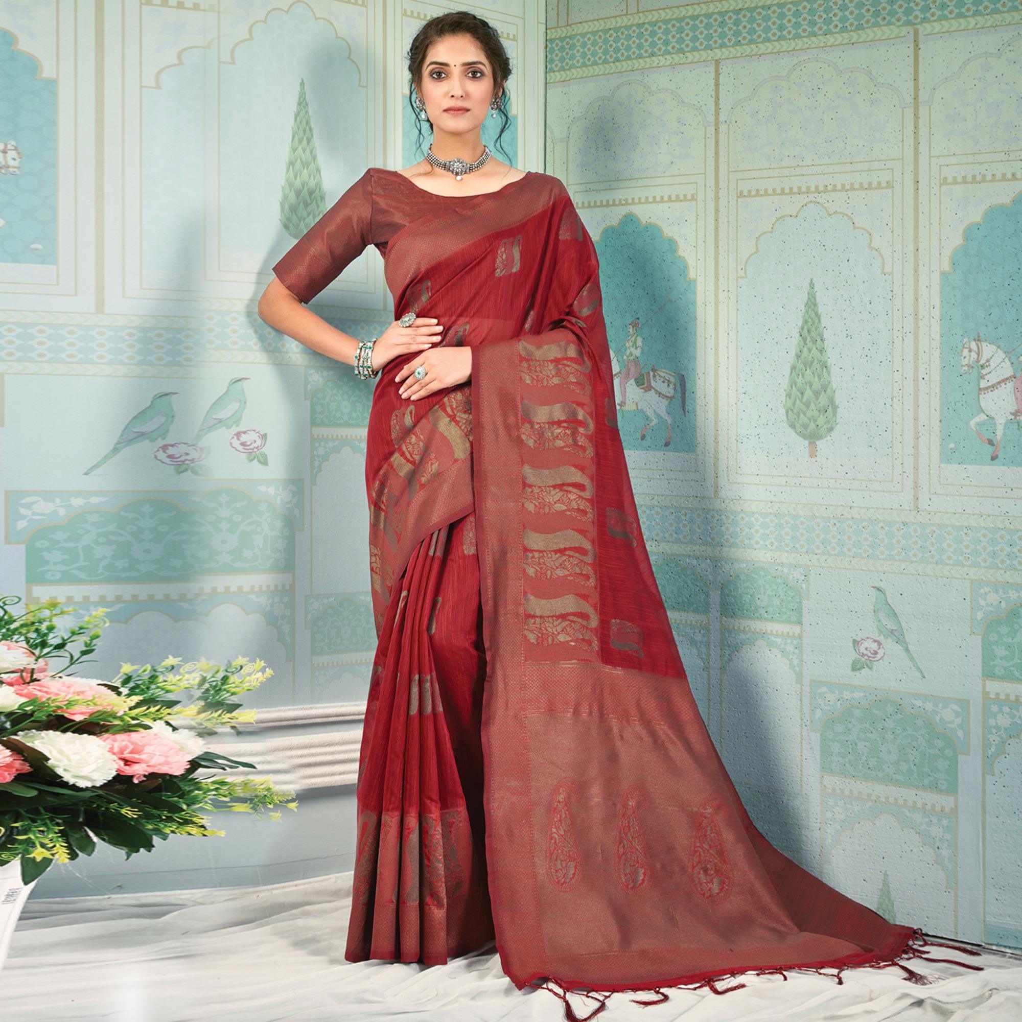 Red Woven Art Silk Saree With Tassels - Peachmode
