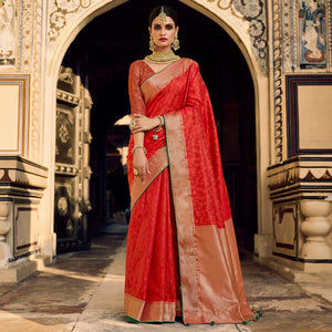Red Woven Art Silk Saree With Tassels - Peachmode
