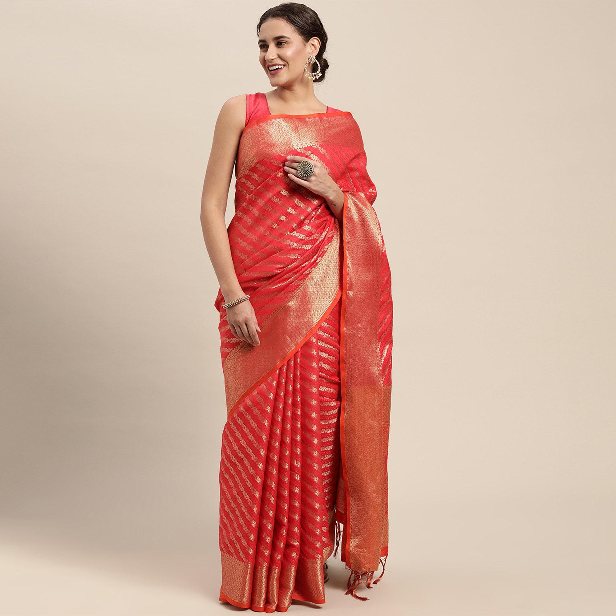 Red Woven Art Silk Saree with Tassels - Peachmode