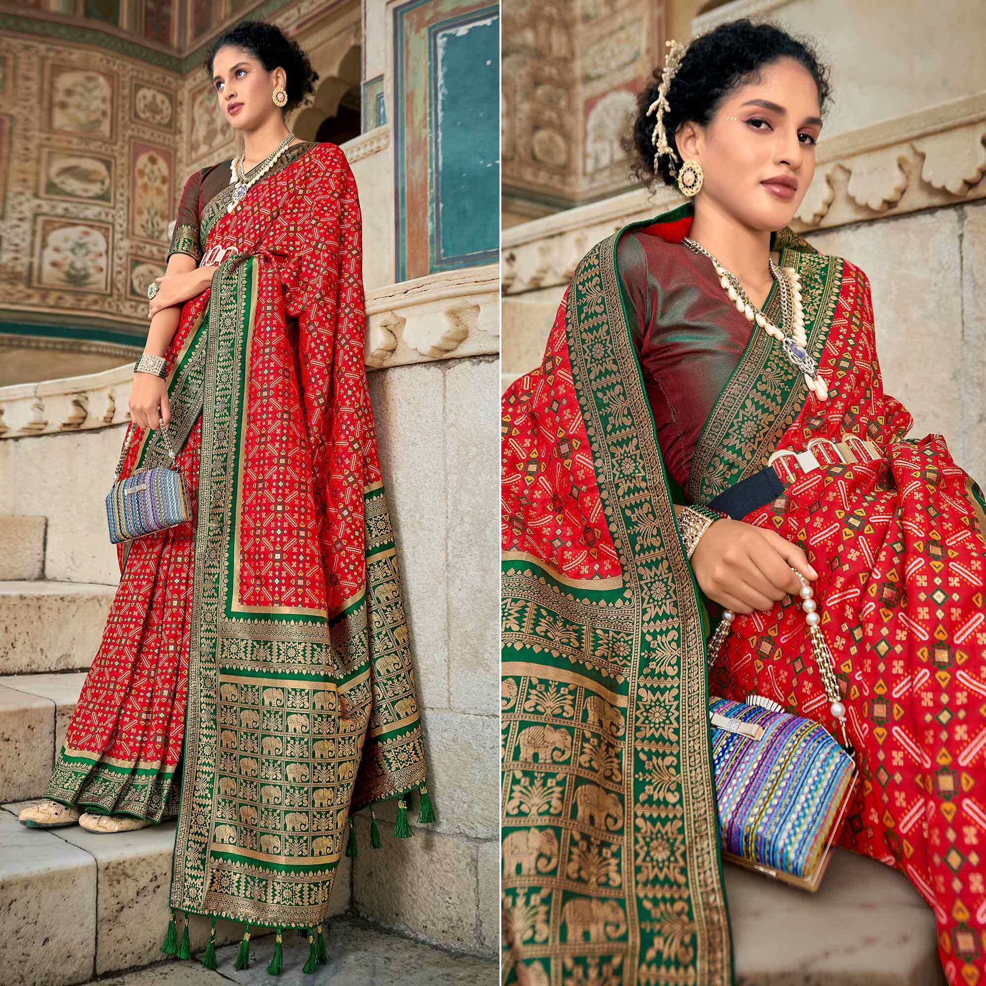 Red Woven Art Silk Saree With Tassels - Peachmode