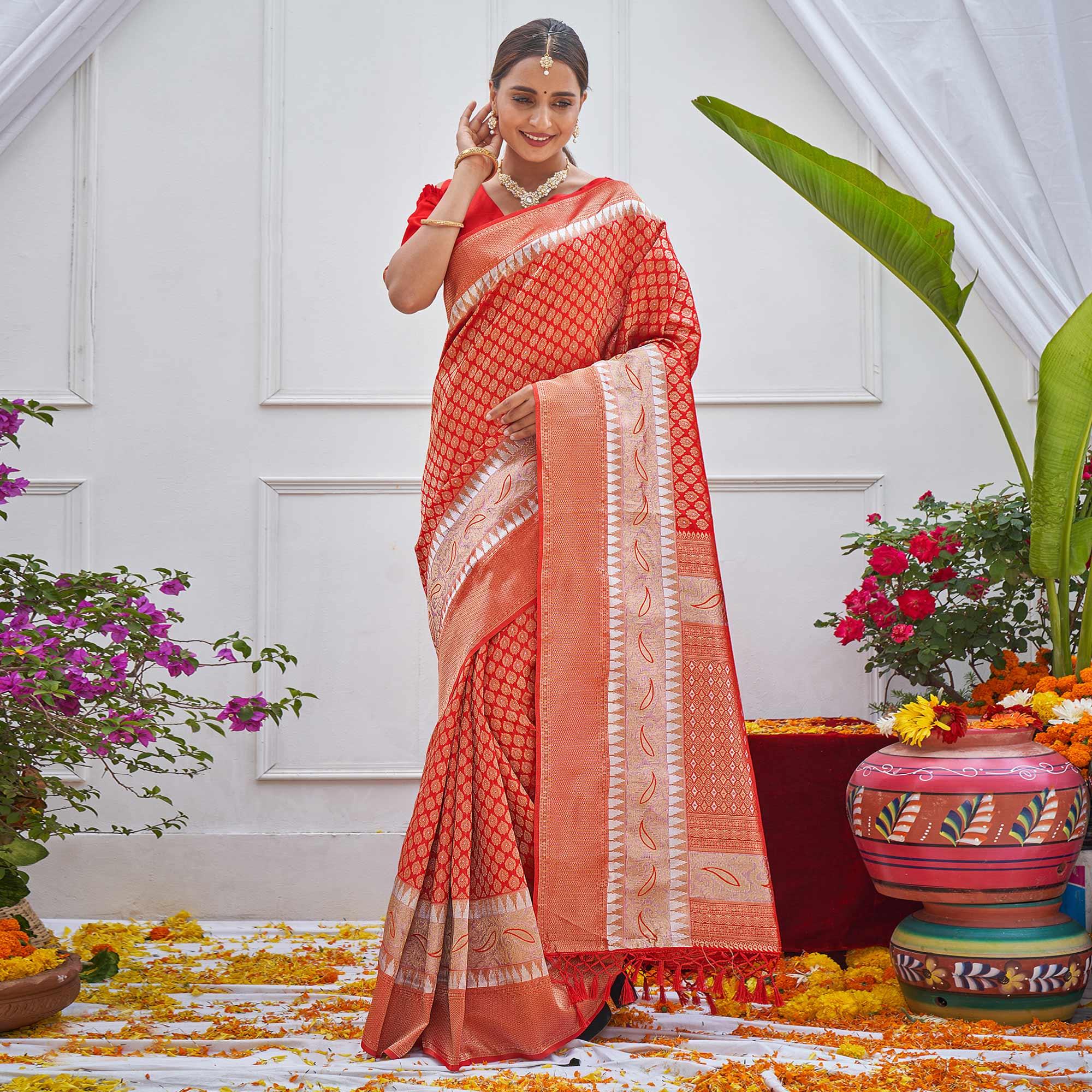 Red Woven Art Silk Saree With Tassels - Peachmode