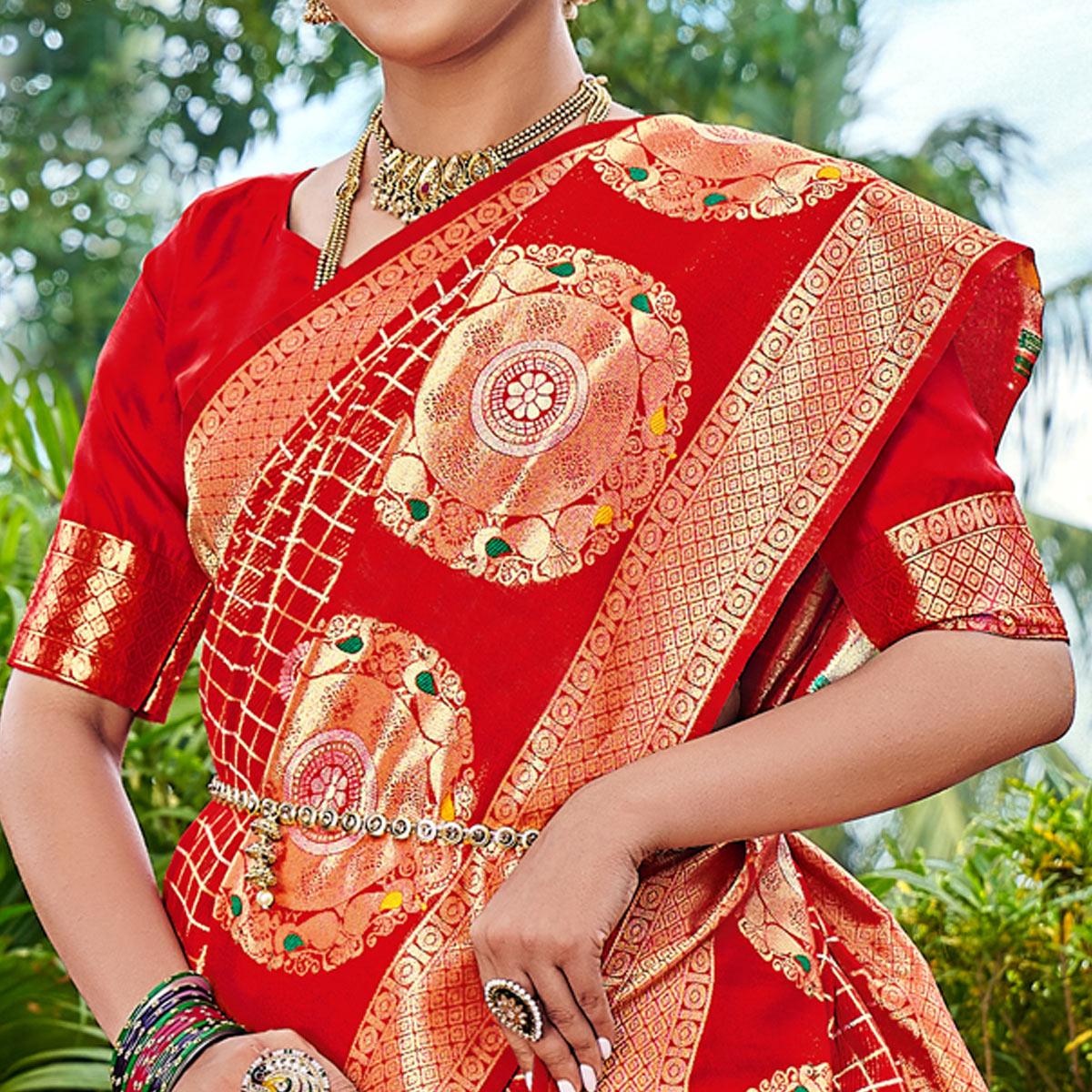Red Woven Art Silk Saree With Tassels - Peachmode