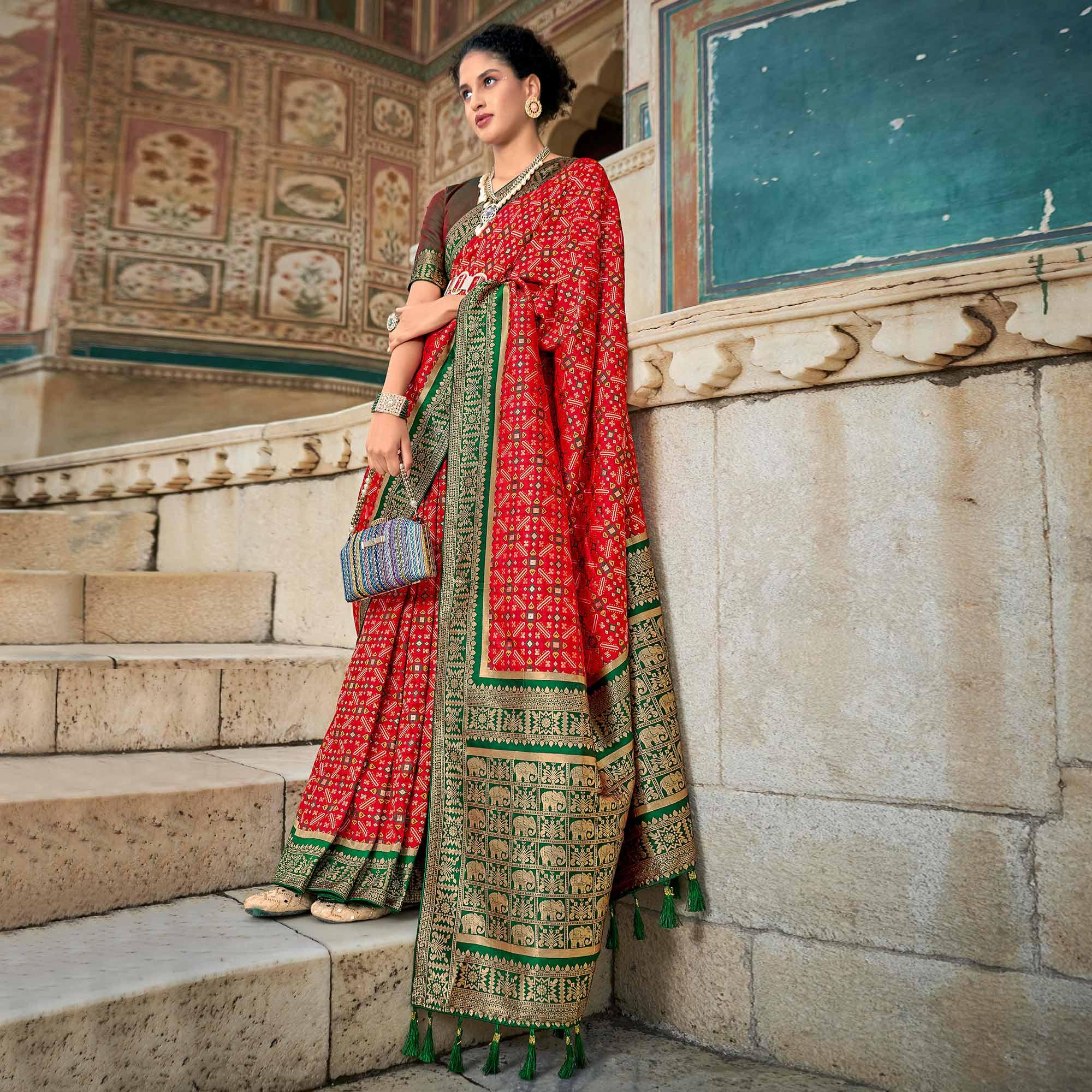Red Woven Art Silk Saree With Tassels - Peachmode