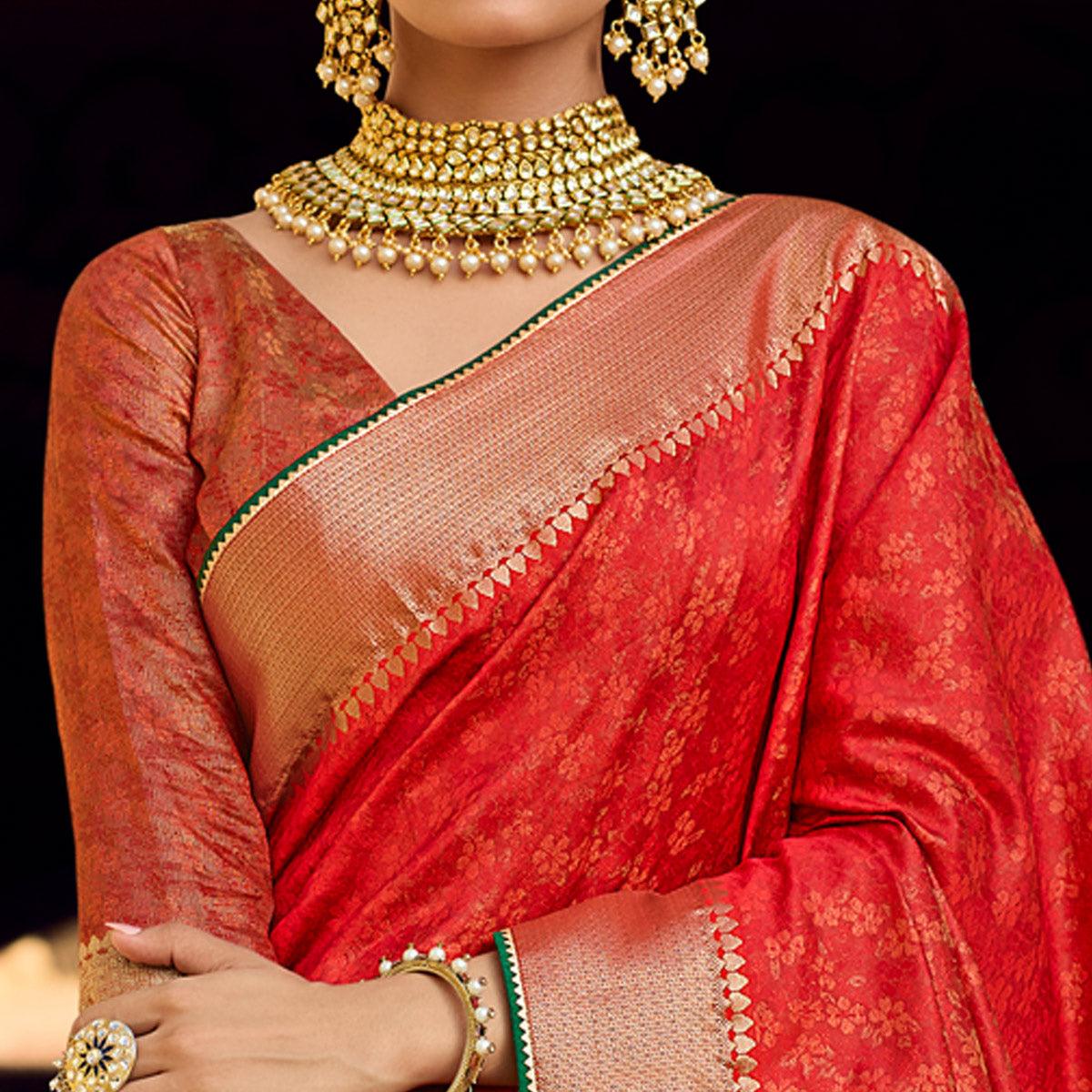 Red Woven Art Silk Saree With Tassels - Peachmode