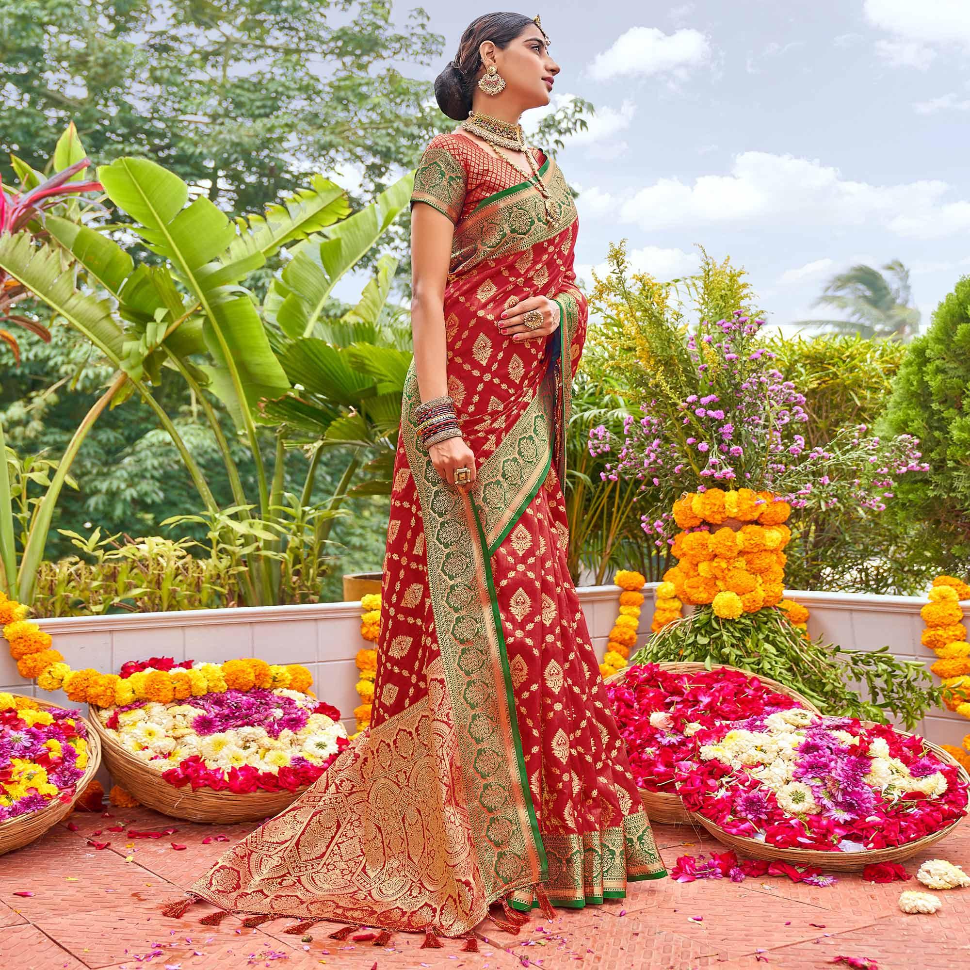 Red Woven Art Silk Saree With Tassels - Peachmode