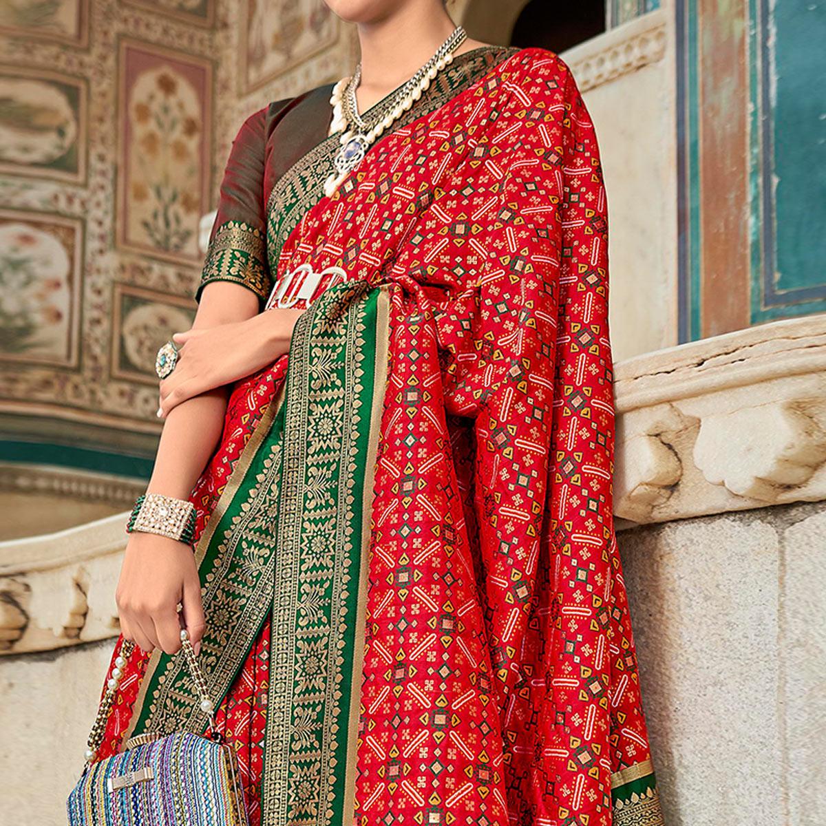 Red Woven Art Silk Saree With Tassels - Peachmode