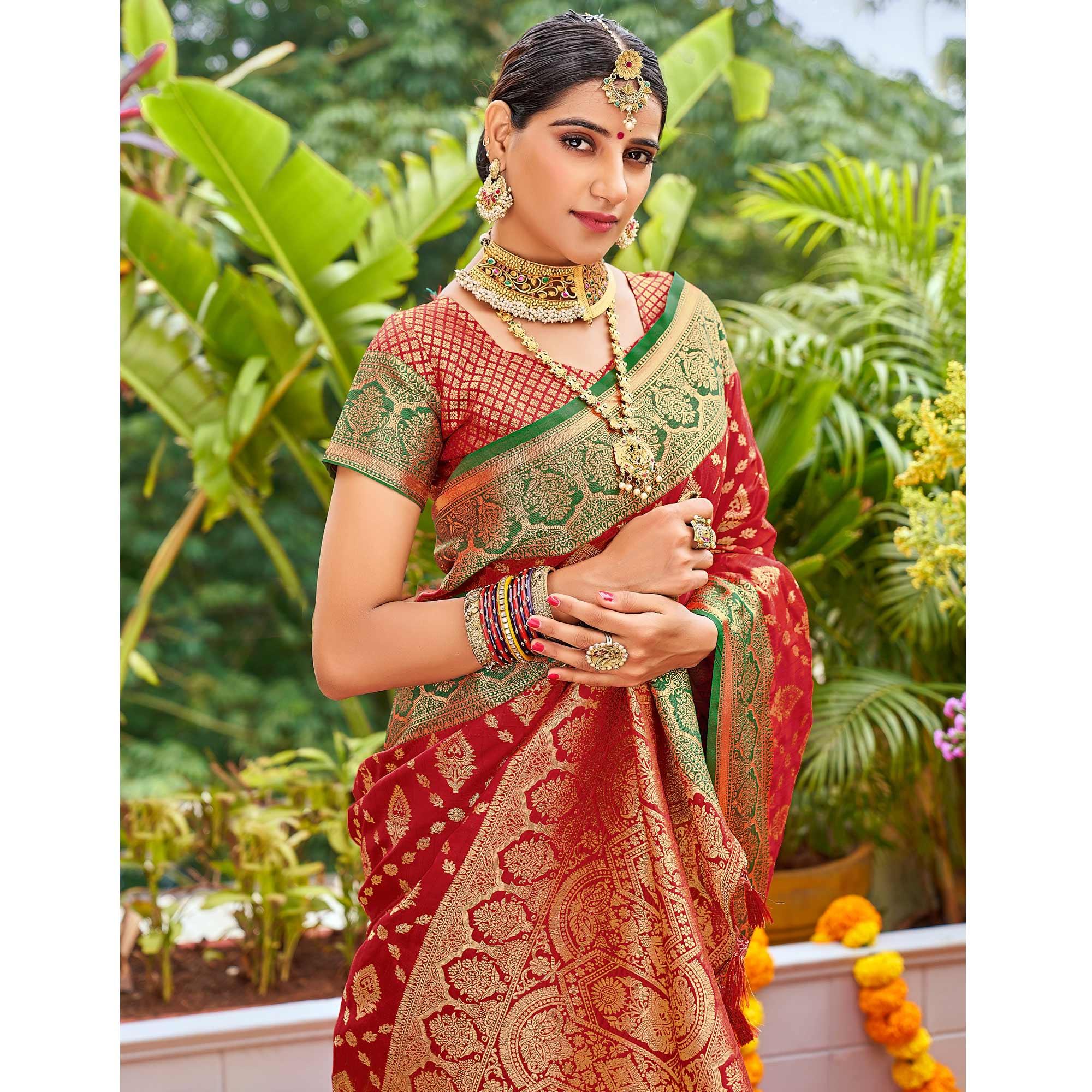 Red Woven Art Silk Saree With Tassels - Peachmode