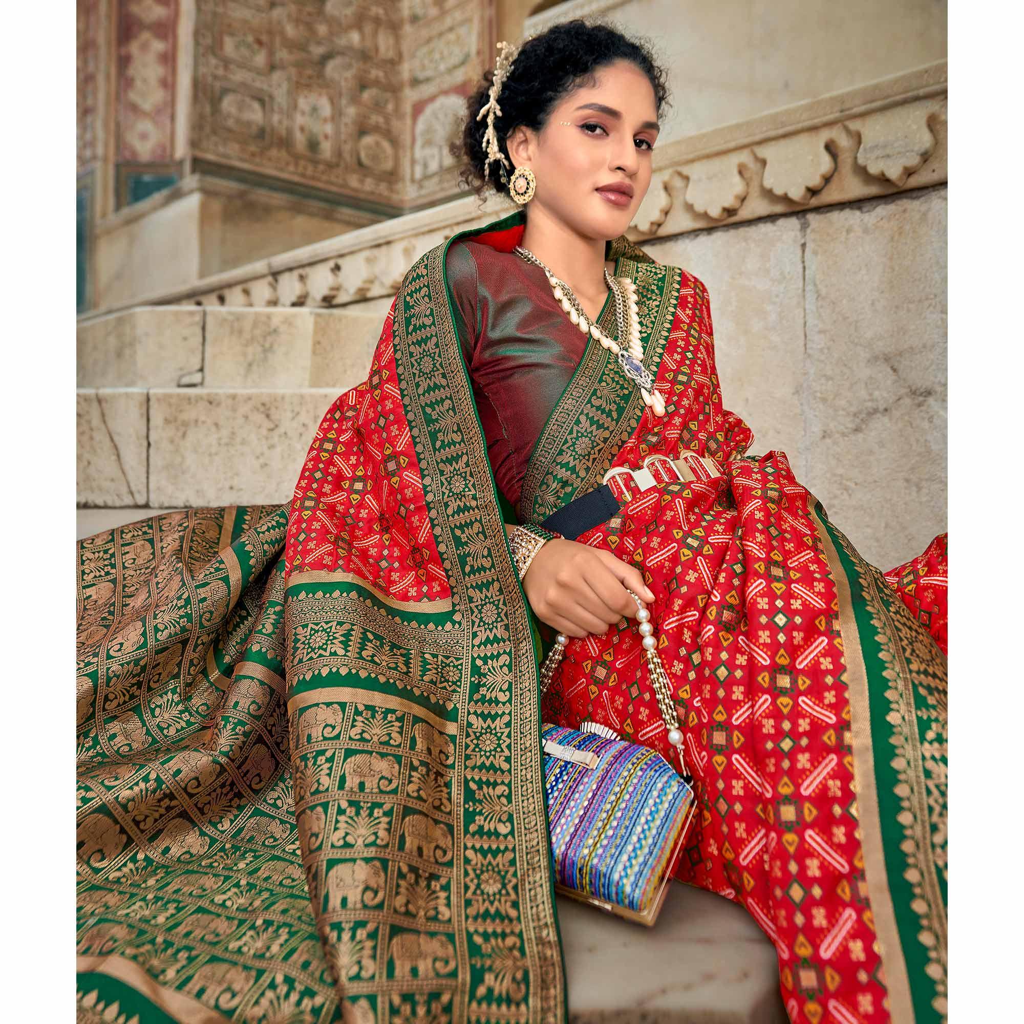 Red Woven Art Silk Saree With Tassels - Peachmode