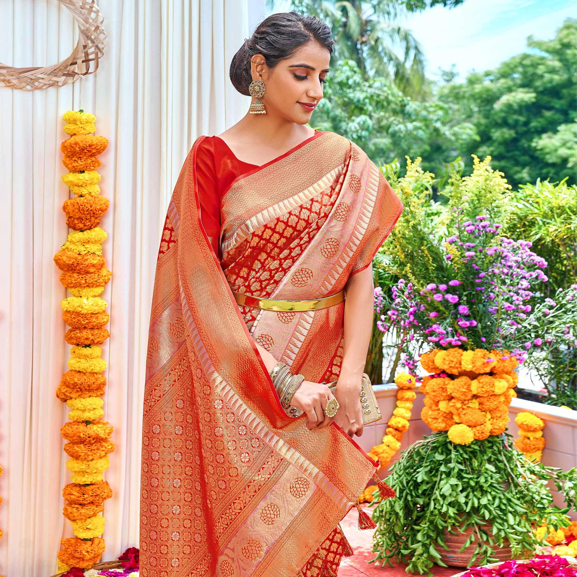 Red Woven Art Silk Saree With Tassels - Peachmode