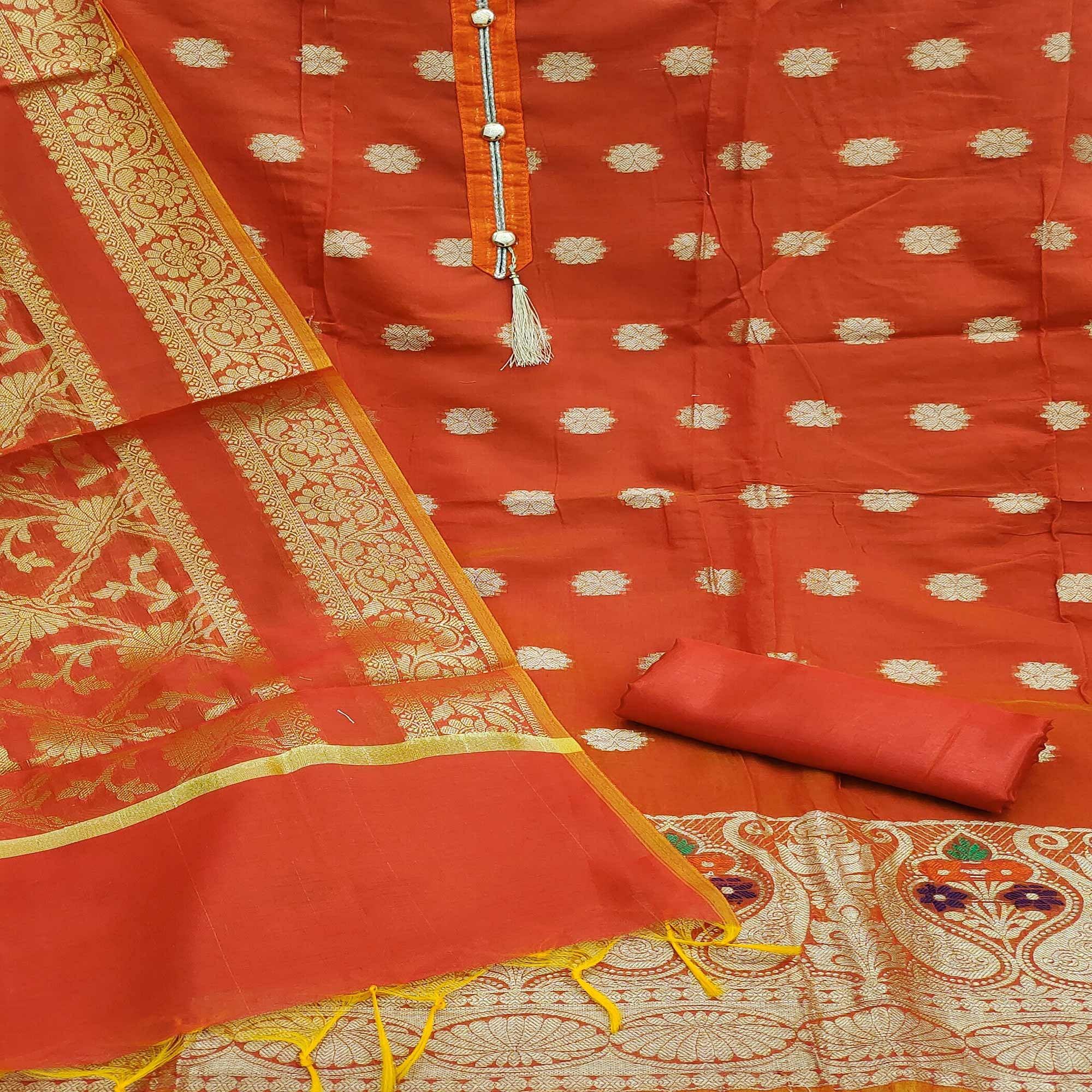 Red Woven Banarasi Dress Material - Peachmode