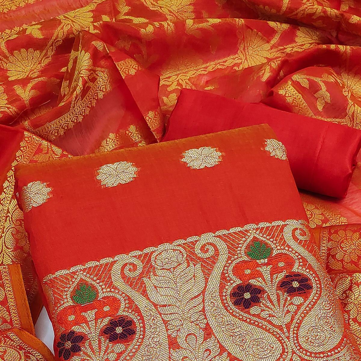 Red Woven Banarasi Dress Material - Peachmode