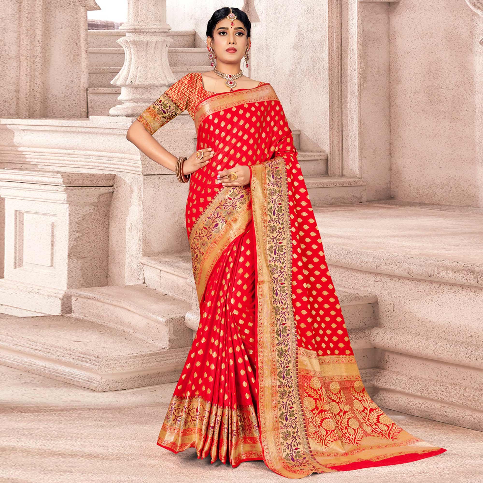 Red Woven Banarasi Silk Saree - Peachmode