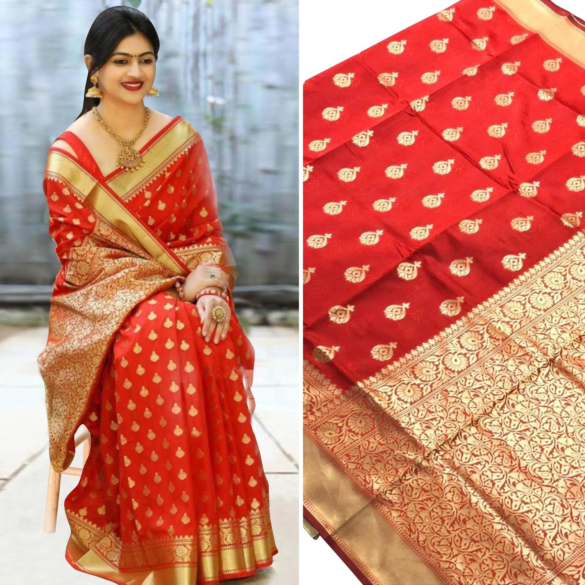 Red Woven Banarasi Silk Saree - Peachmode