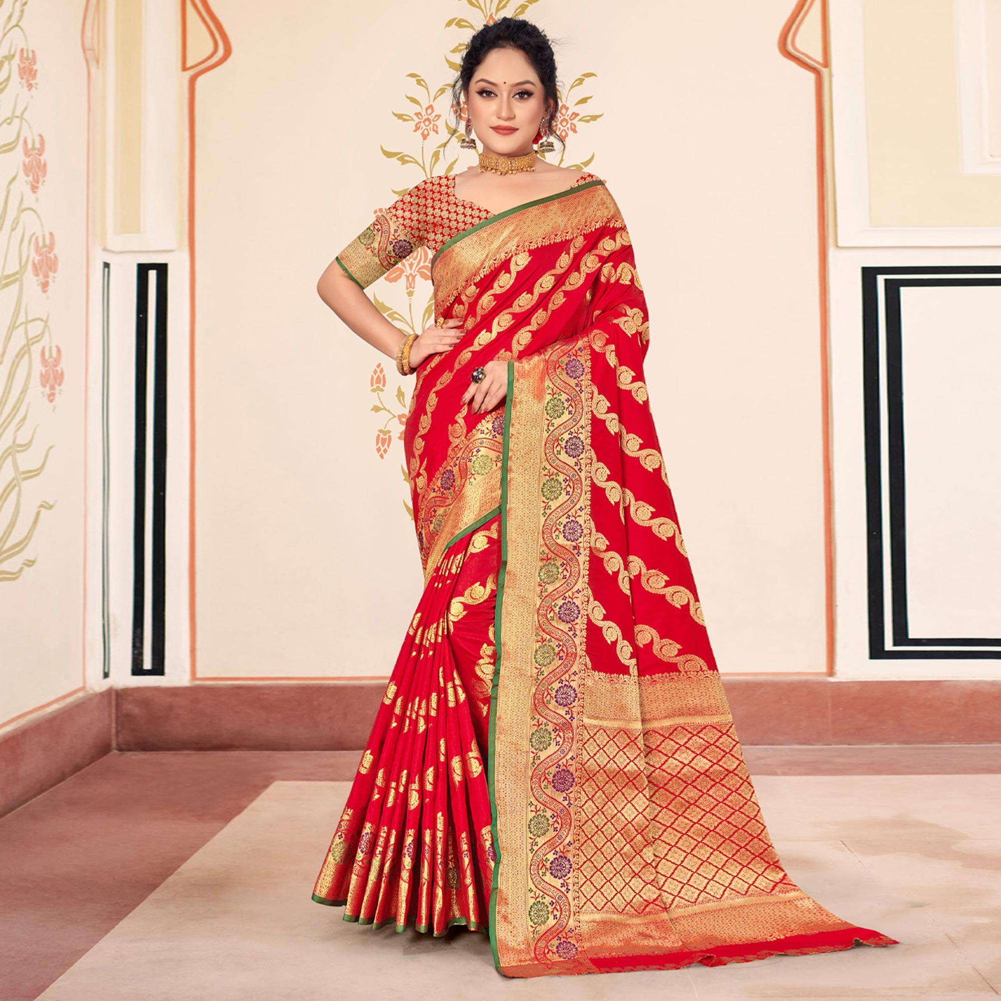 Red Woven Banarasi Silk Saree - Peachmode