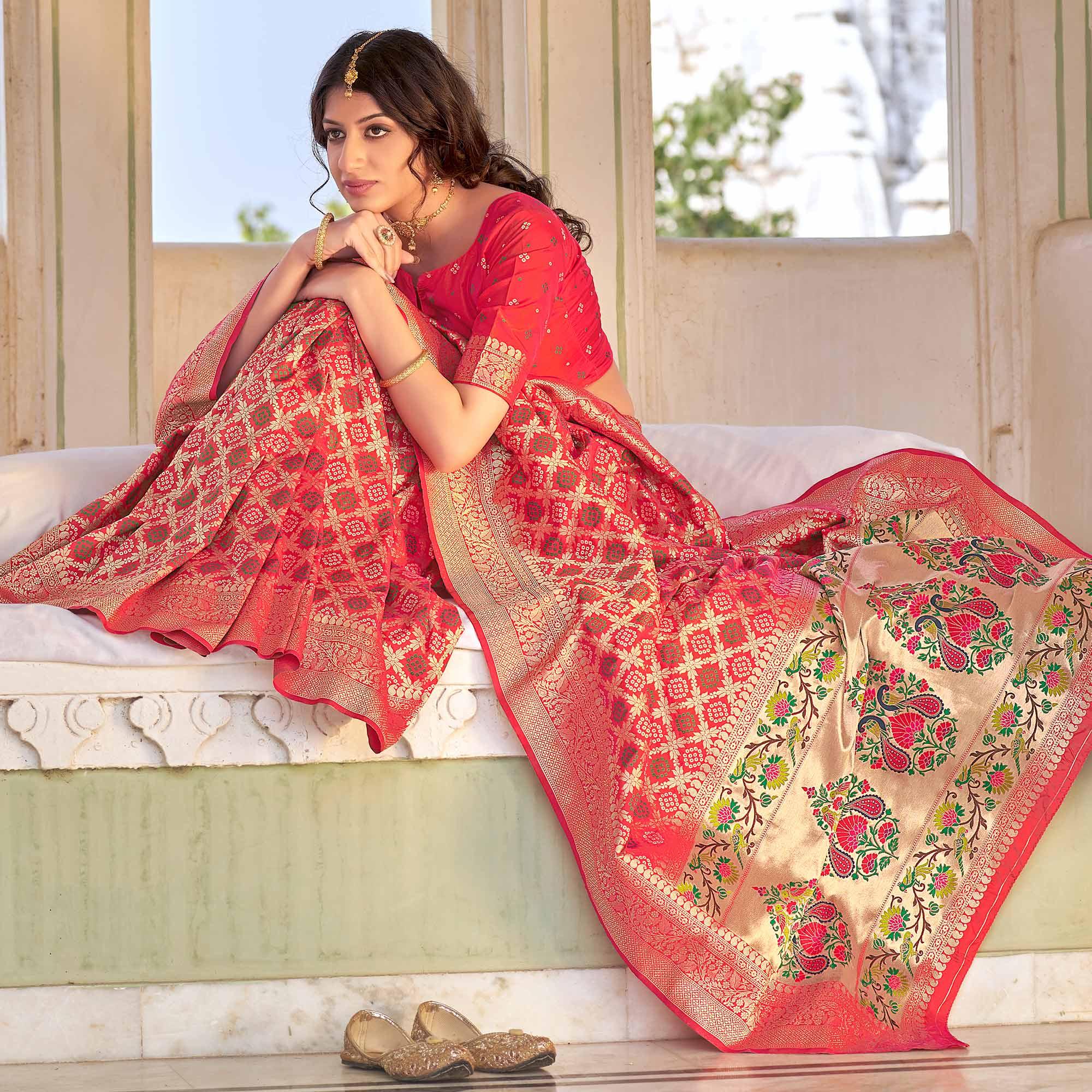 Red Woven Banarasi Silk Saree - Peachmode