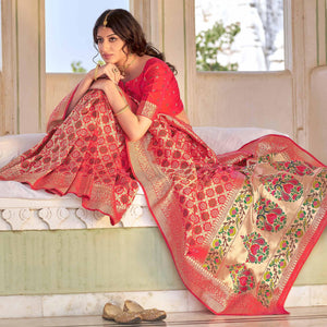 Red Woven Banarasi Silk Saree - Peachmode
