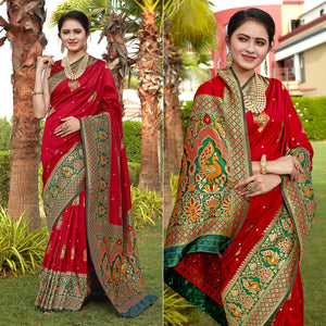 Red Woven Banarasi Silk Saree - Peachmode