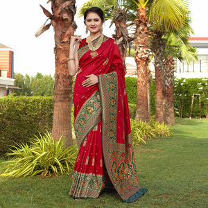 Red Woven Banarasi Silk Saree - Peachmode