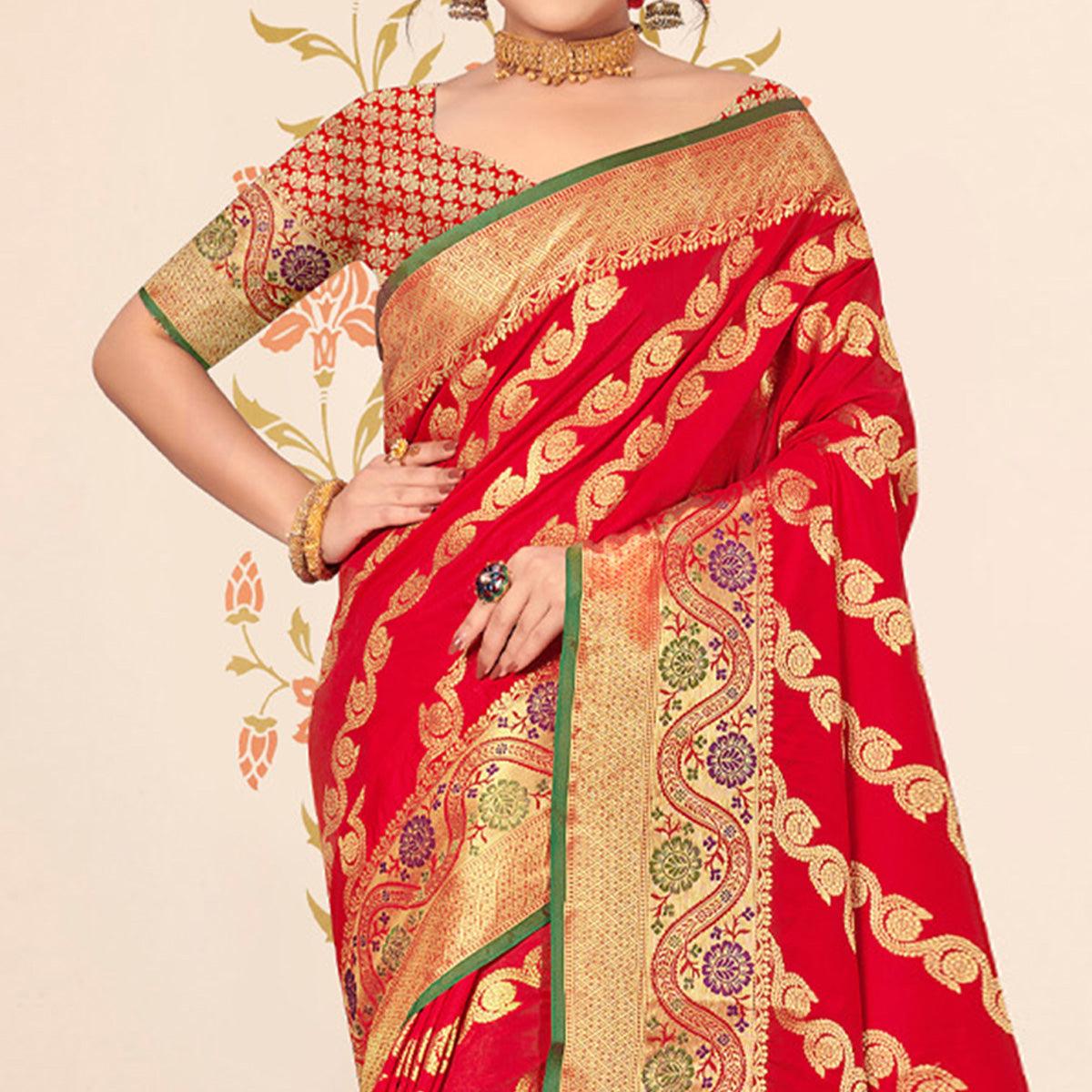 Red Woven Banarasi Silk Saree - Peachmode