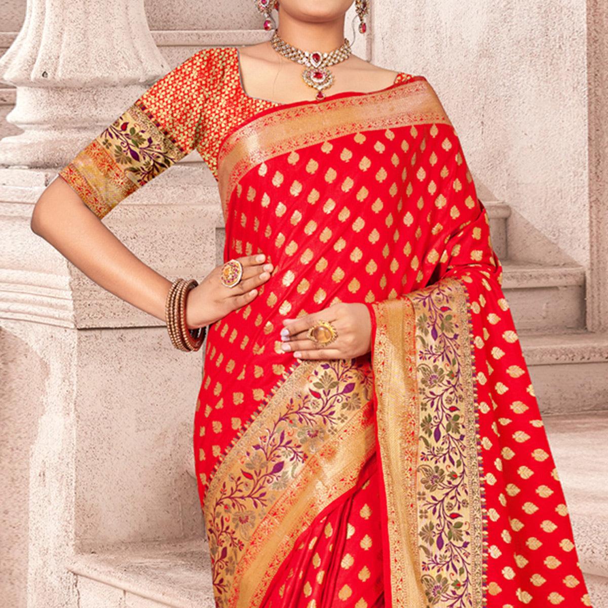 Red Woven Banarasi Silk Saree - Peachmode