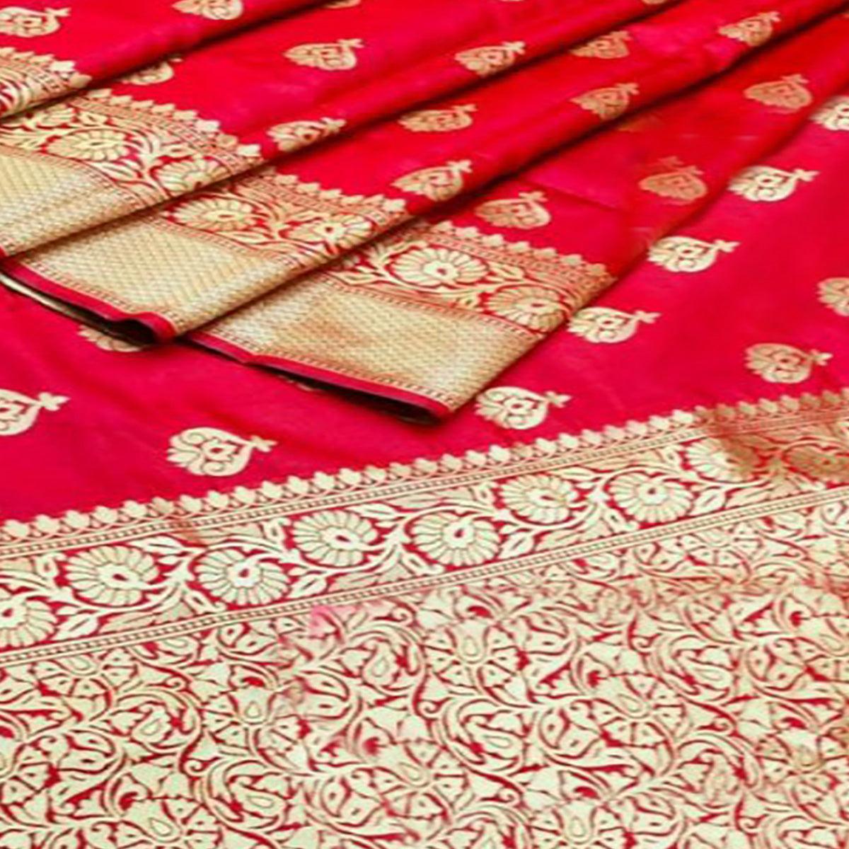 Red Woven Banarasi Silk Saree - Peachmode