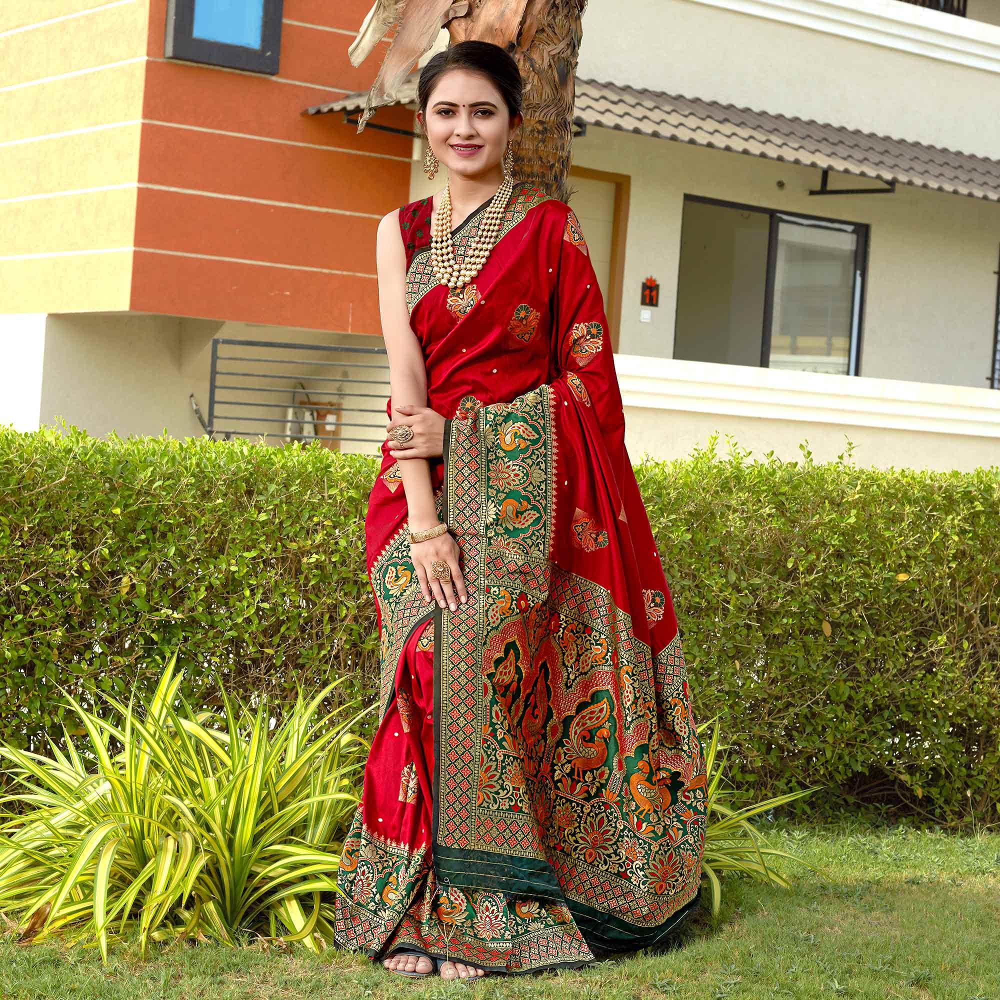 Red Woven Banarasi Silk Saree - Peachmode