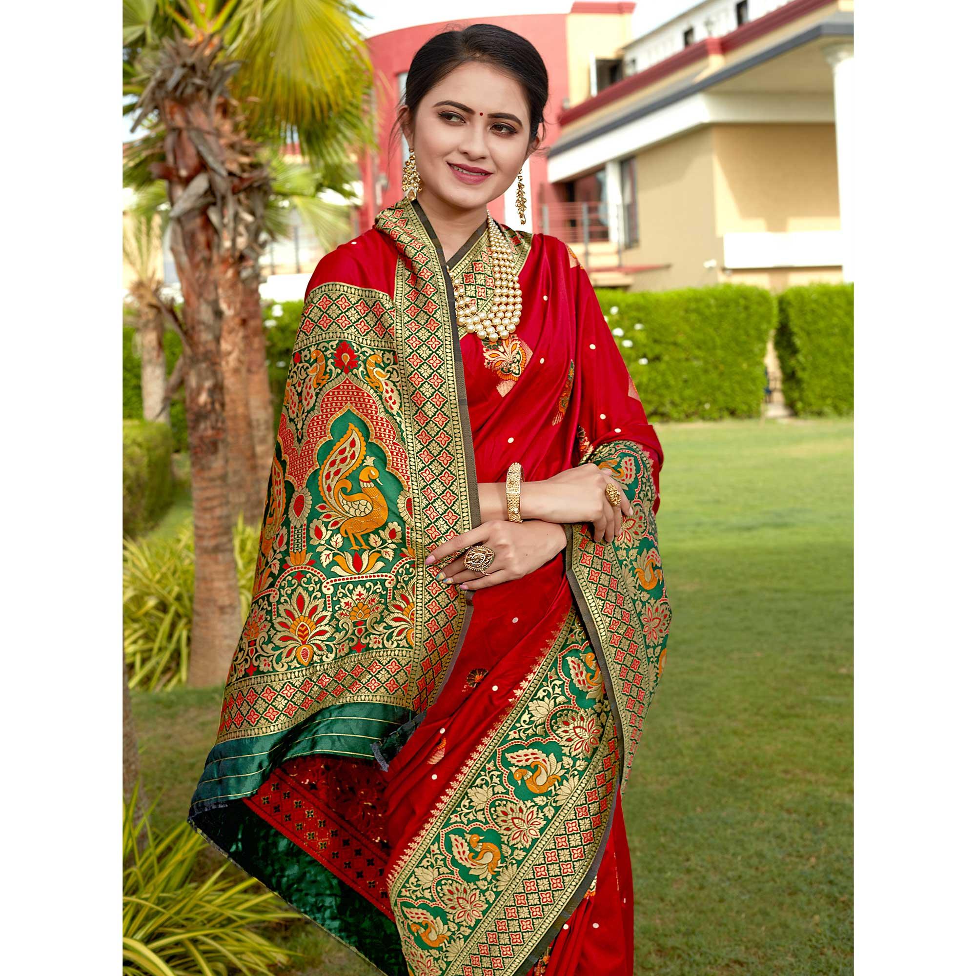 Red Woven Banarasi Silk Saree - Peachmode