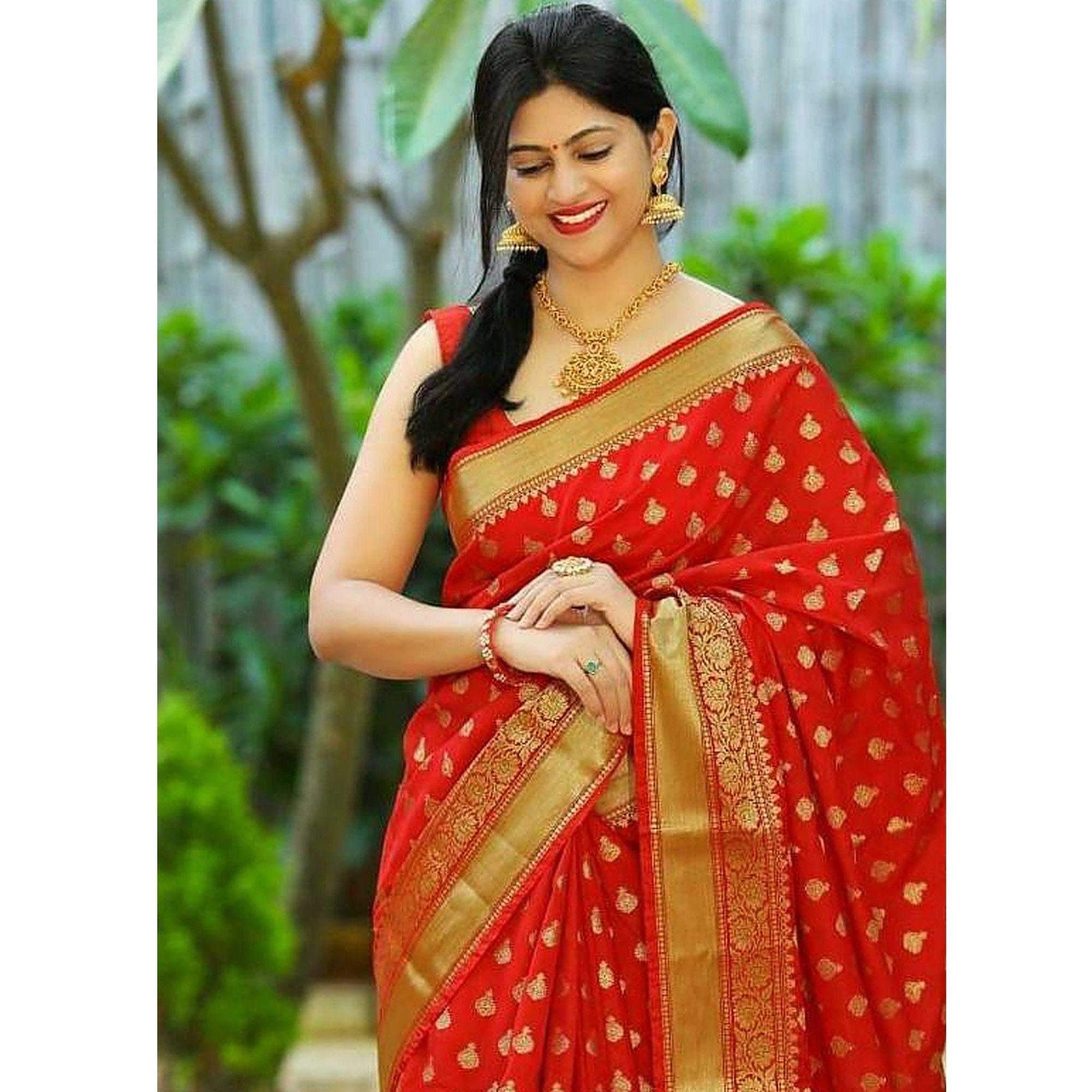 Red Woven Banarasi Silk Saree - Peachmode