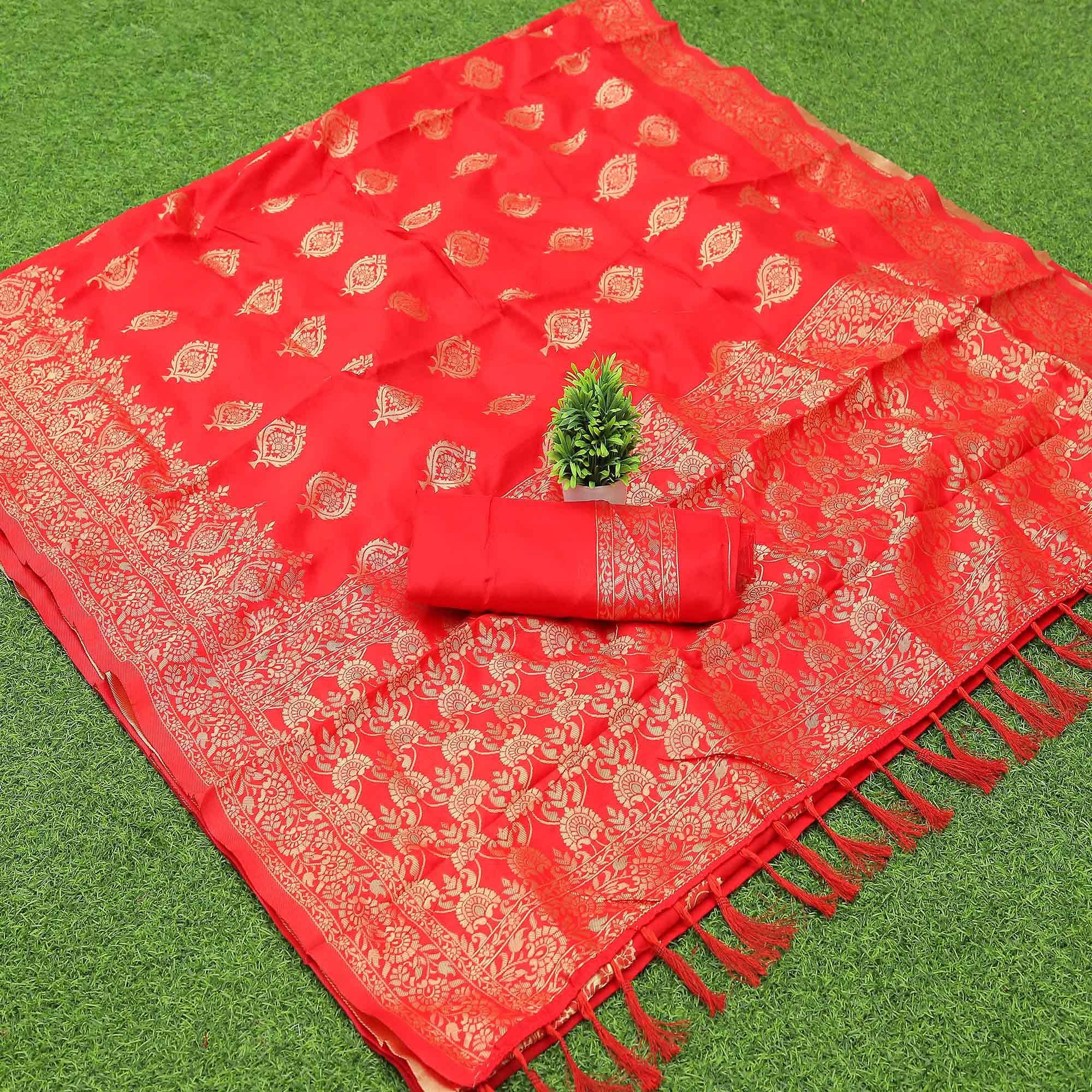 Red Woven Banarasi Silk Saree With Tassels - Peachmode